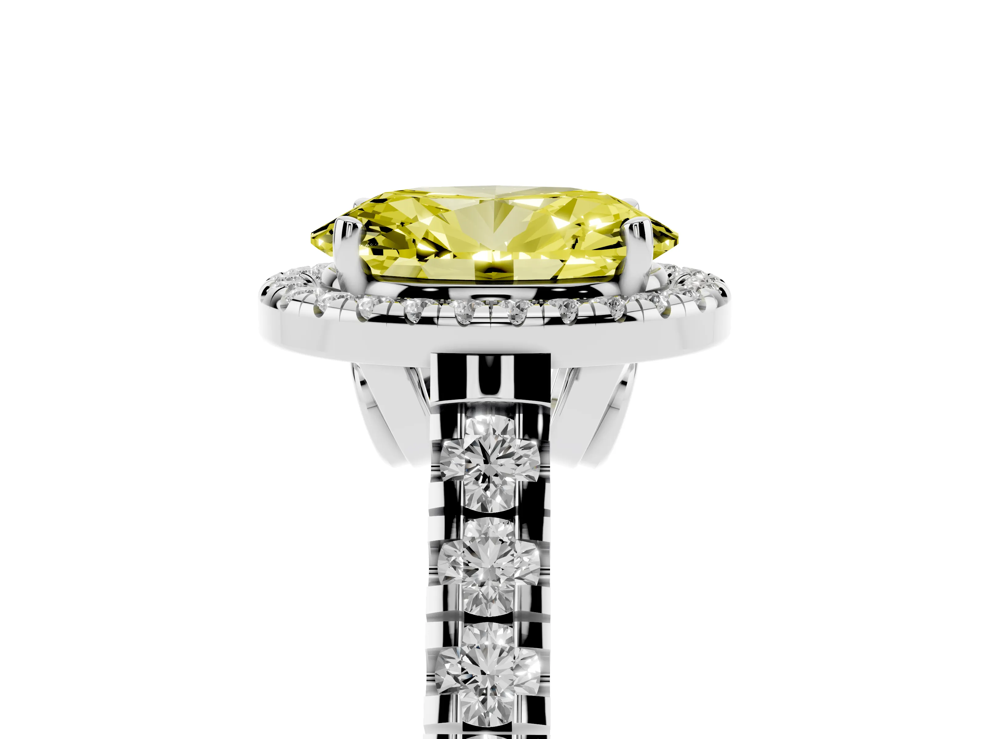 Fancy Yellow Oval Cut Diamond Halo Engagement Ring Set in Silver with Pavé Band and Prong-Set Center