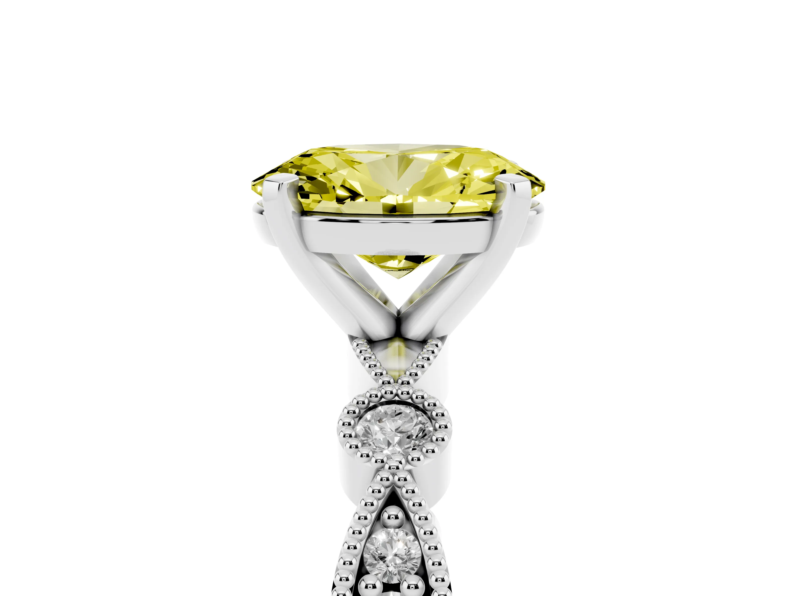 Fancy Yellow Oval Cut Diamond Solitaire Engagement Ring Set in Platinum with Milgrain Bezel Accent Band