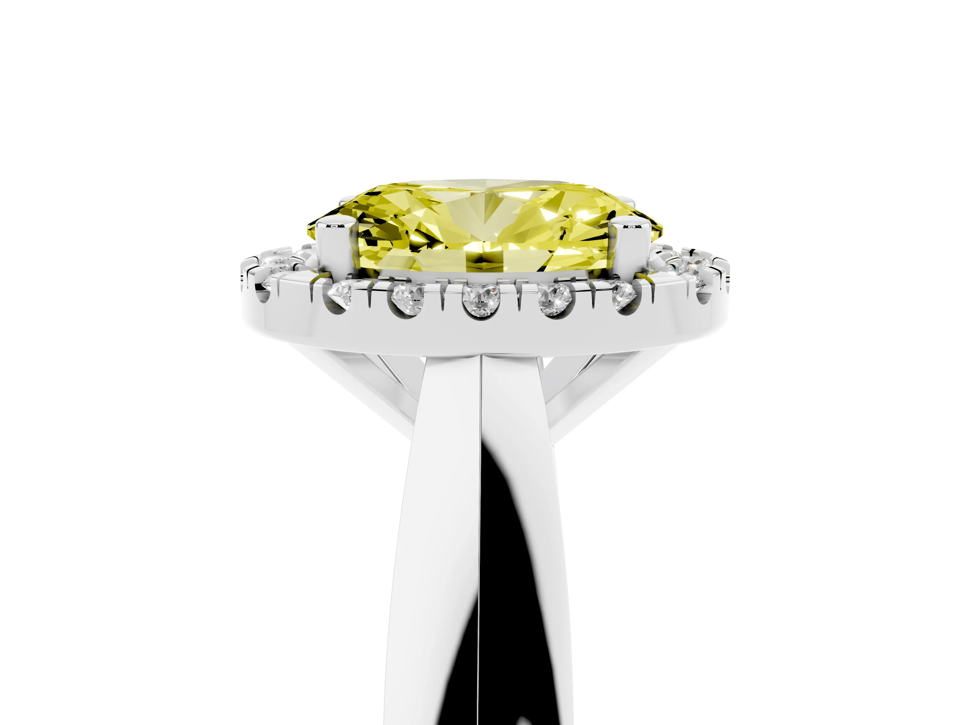 Fancy Yellow Oval Cut Diamond Halo Solitaire Engagement Ring Set in Silver with Square Band and Prong Setting