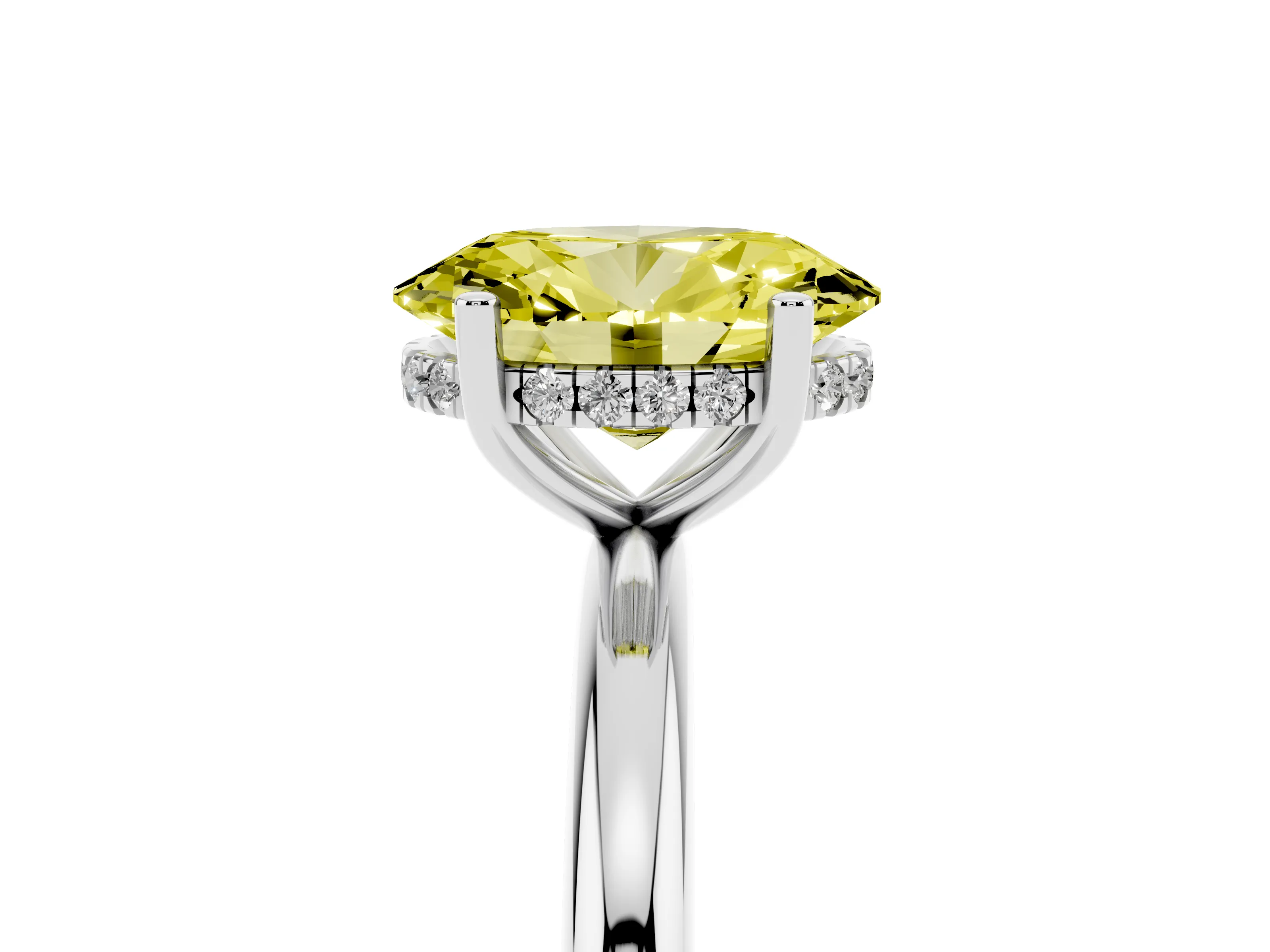 Fancy Yellow Oval Cut Diamond Solitaire Engagement Ring Set in White gold with Prong Setting and Polished Band