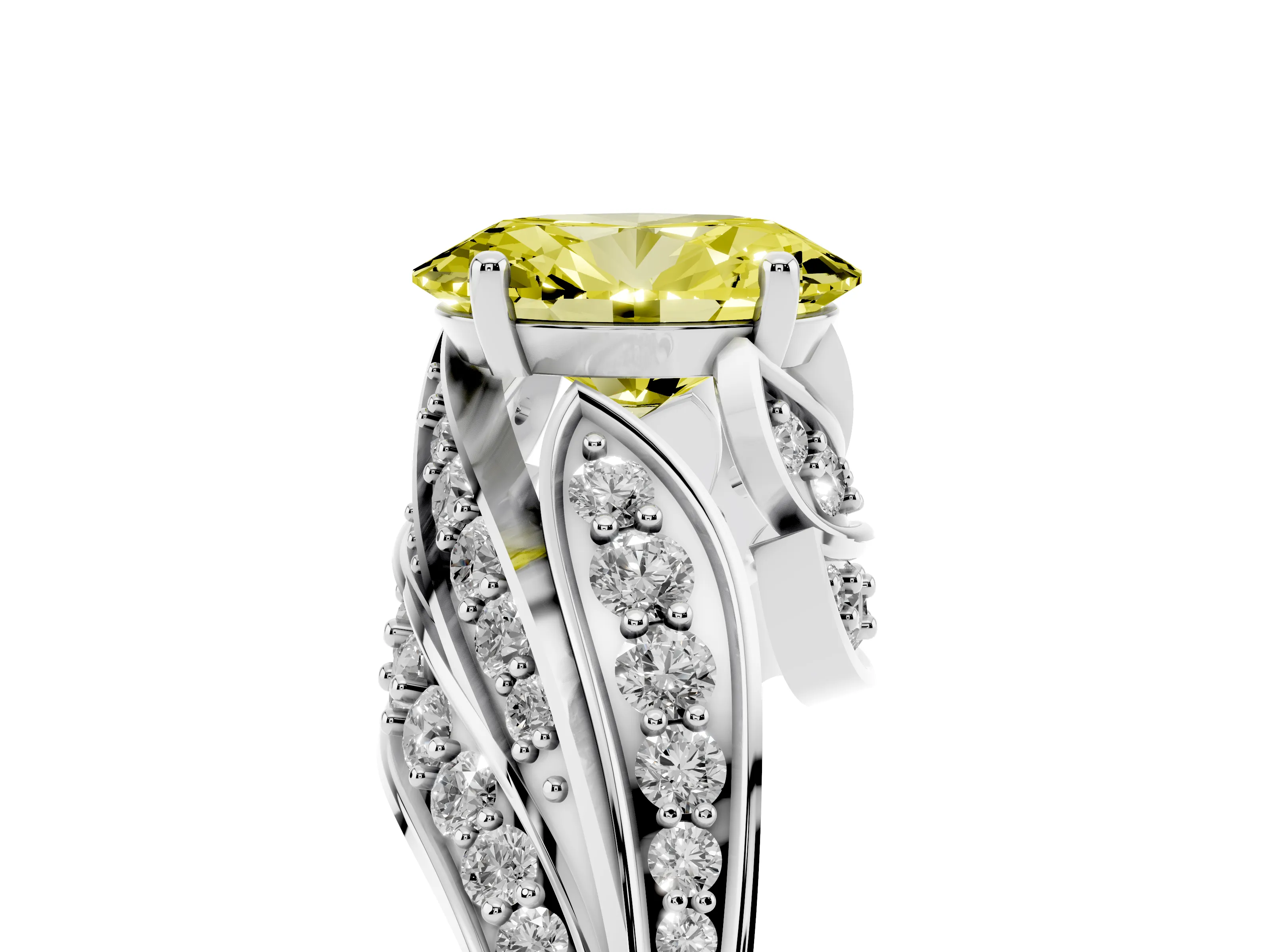 Fancy Yellow Oval Cut Diamond Solitaire Ring Set in Platinum with Layered Twist Pavé Band