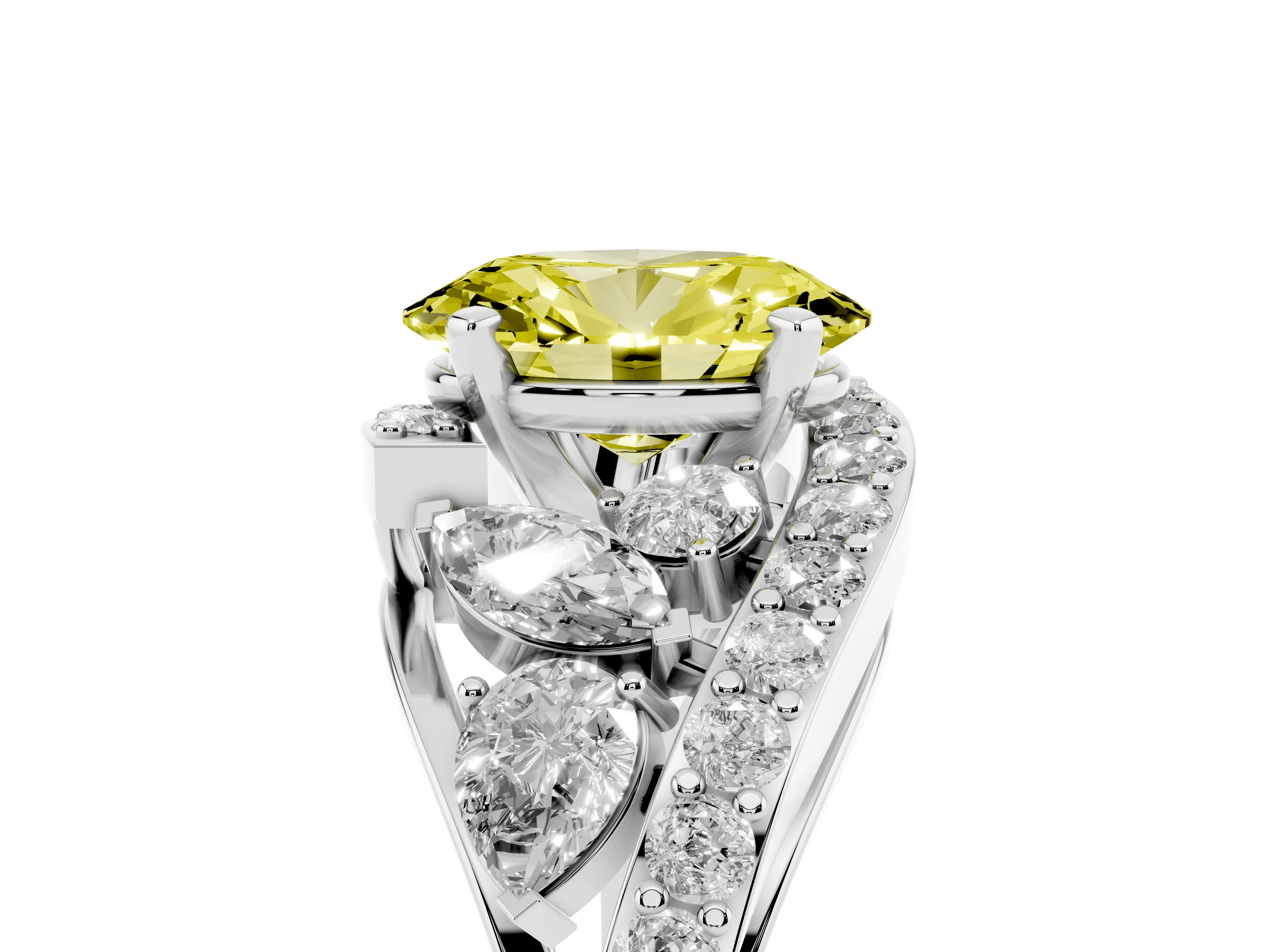 Fancy Yellow Oval Cut Diamond Halo Ring Set in Platinum with Marquise and Pavé Band in Prong Setting