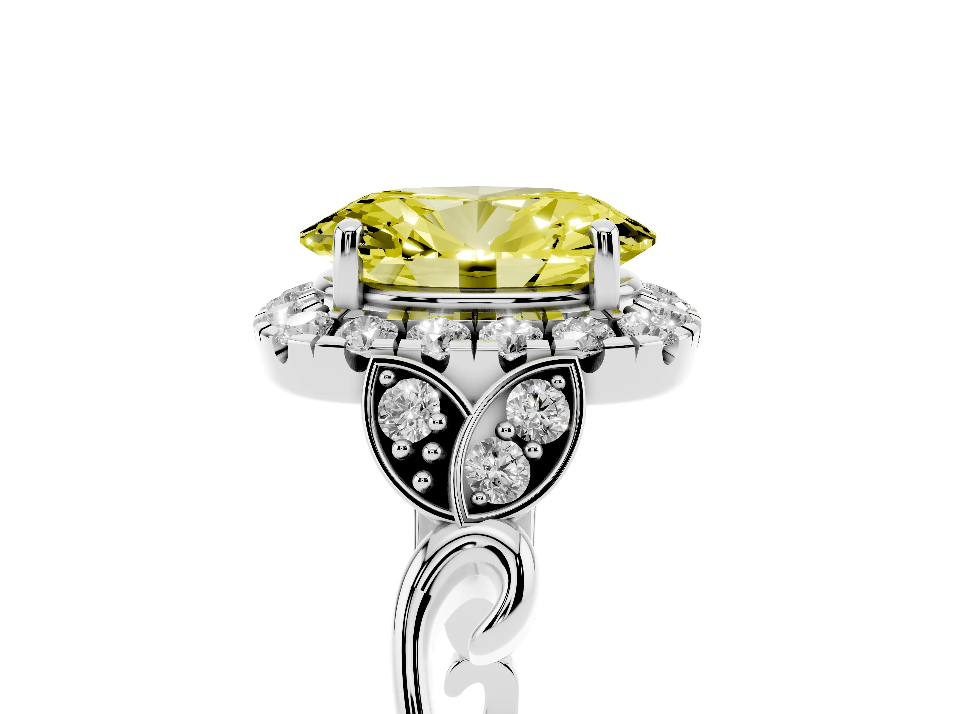 Fancy Yellow Oval Cut Diamond Halo Engagement Ring Set in White gold with Vintage-Inspired Band and Prong Setting