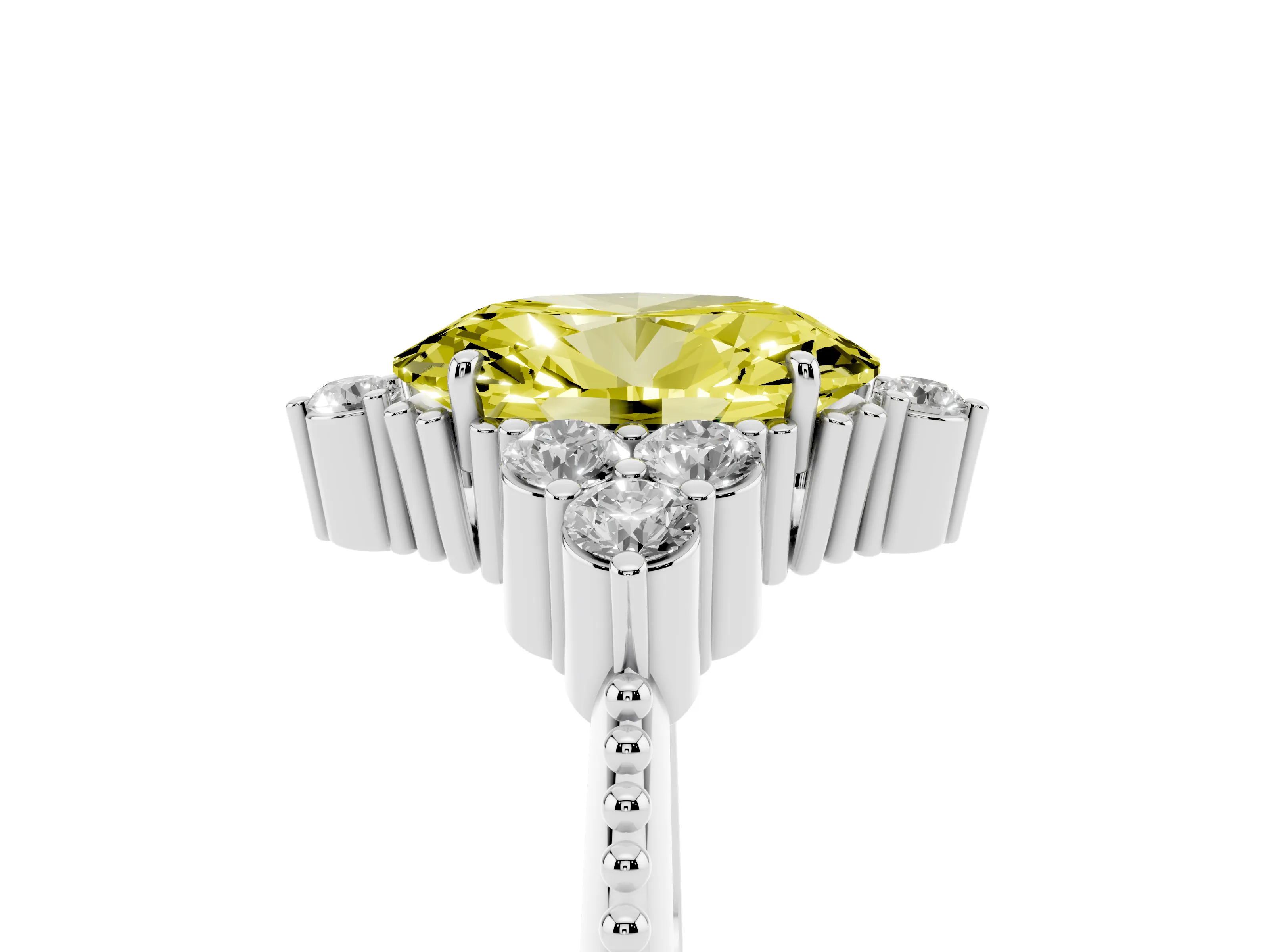 Fancy Yellow Oval Cut Diamond Cluster Ring Set in Silver with Beaded Band