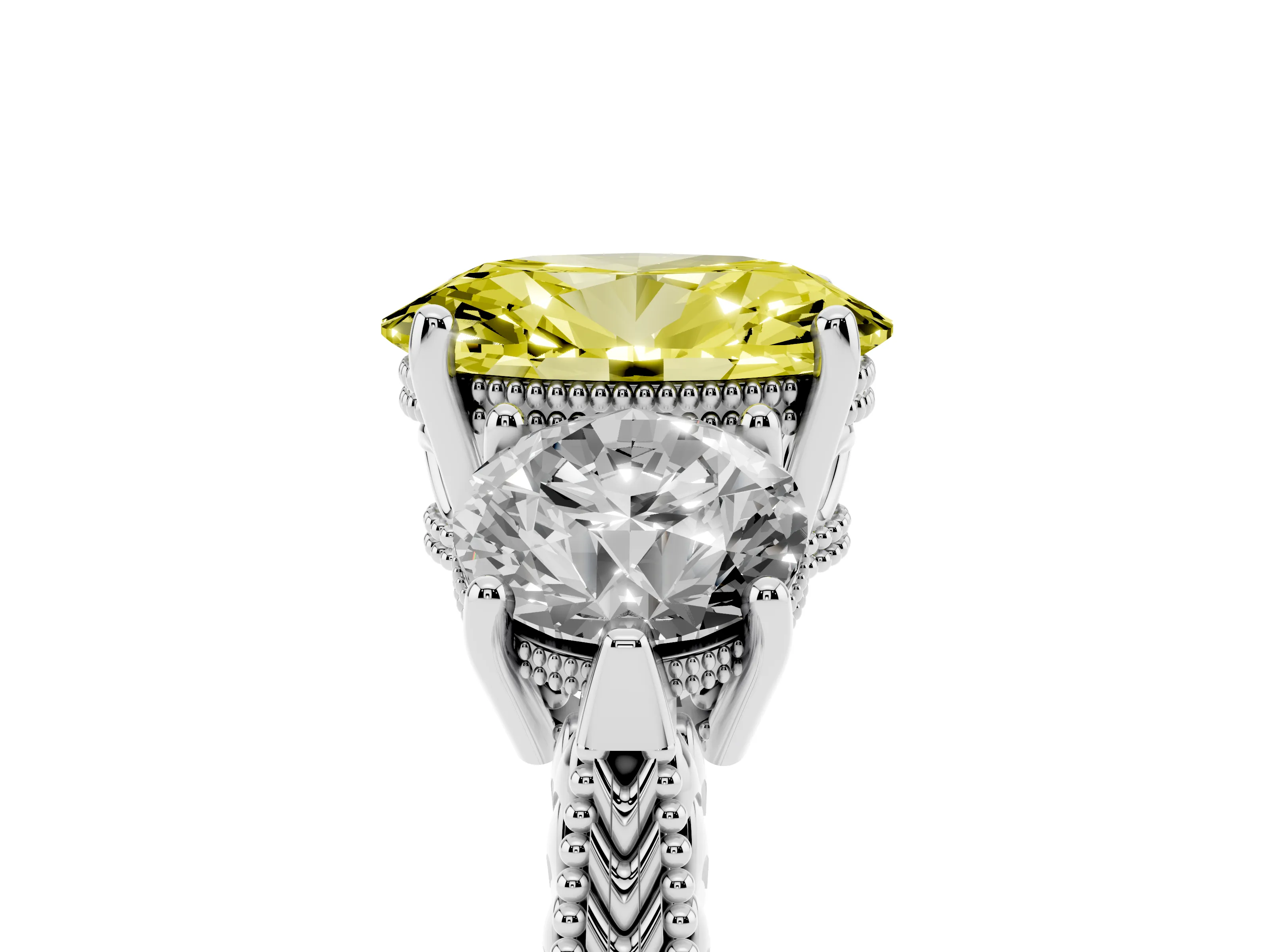 Fancy Yellow Oval Cut Diamond Three-Stone Ring Set in Silver with Milgrain Band