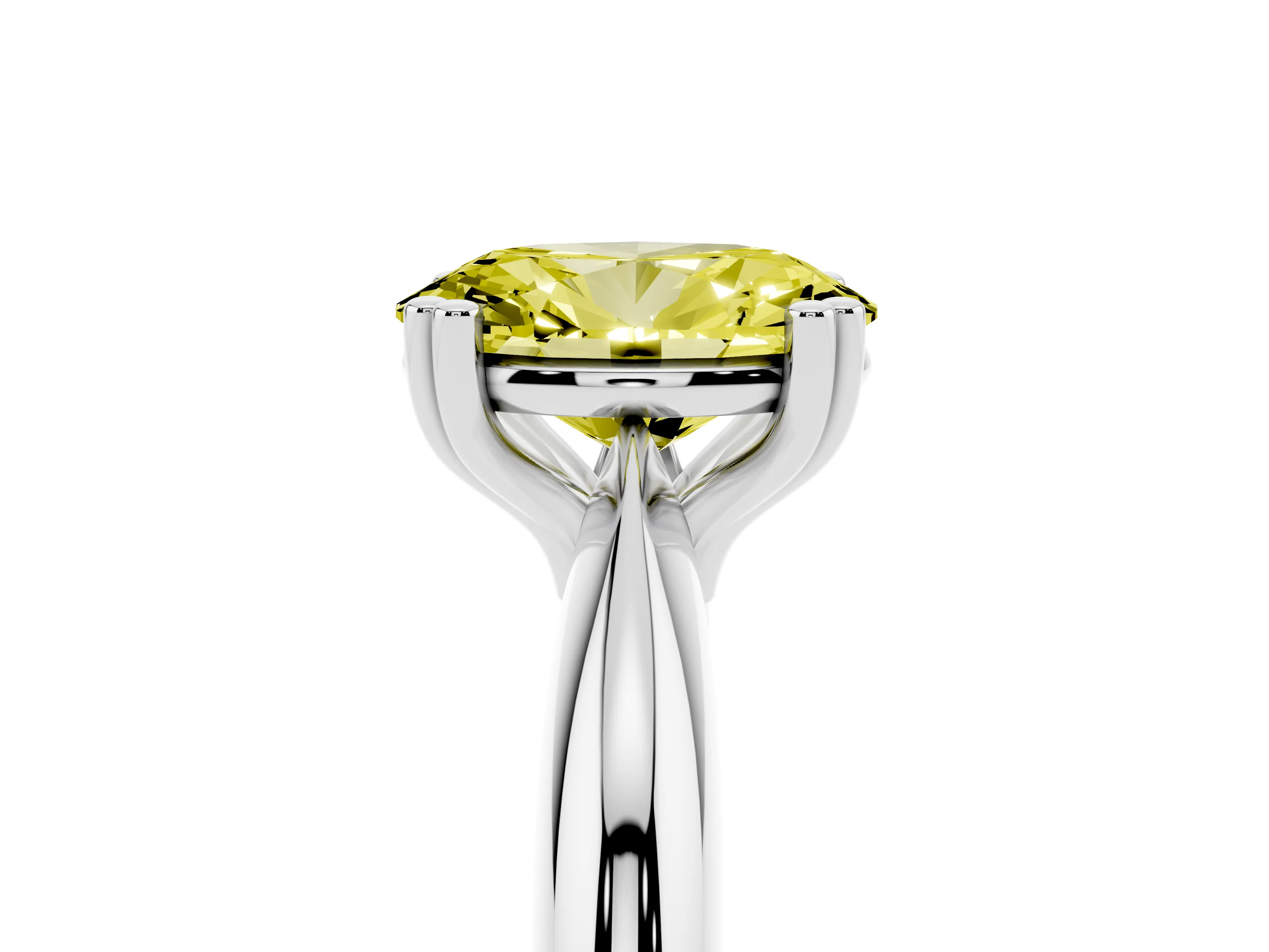 Fancy Yellow Oval Cut Diamond Solitaire Engagement Ring Set in White gold with Tapered Band and Prong Setting