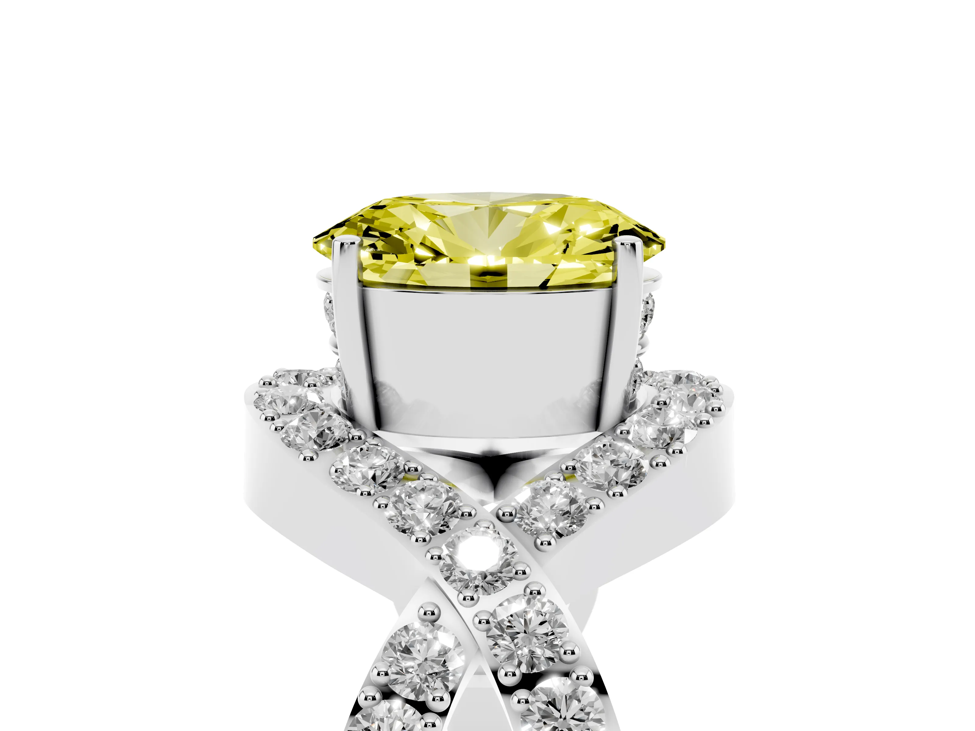 Fancy Yellow Oval Cut Diamond Solitaire Twist Band Pavé Engagement Ring Set in Platinum