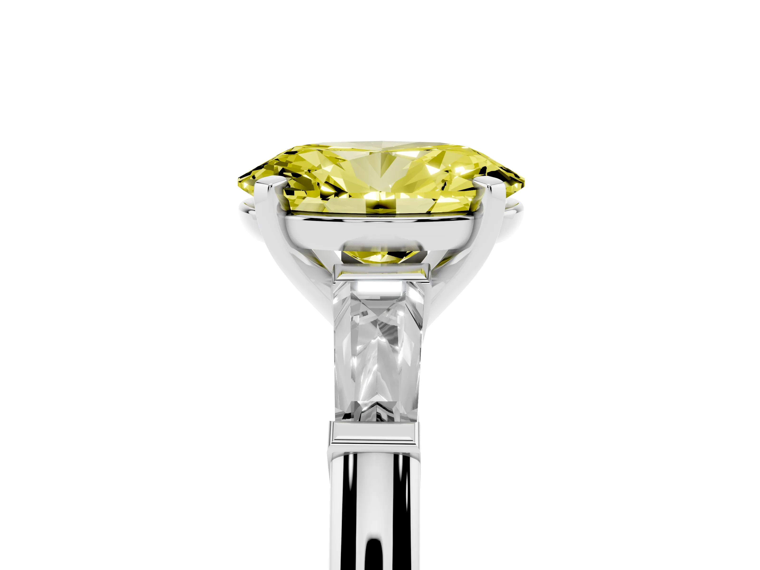 Fancy Yellow Oval Cut Diamond Solitaire Ring Set in White gold with Tapered Baguette Side Stones and Prong Setting