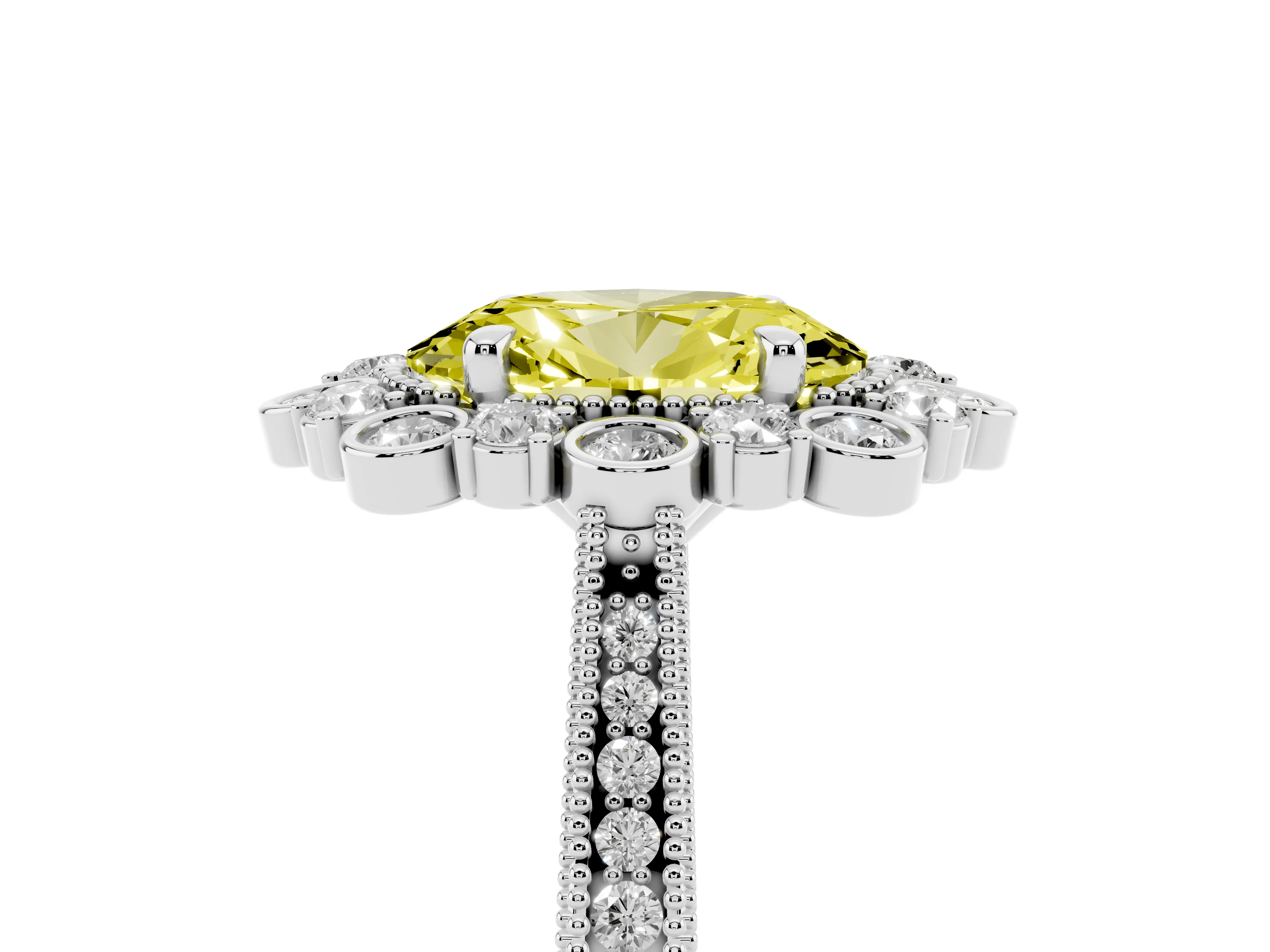Fancy Yellow Oval Cut Diamond Halo Milgrain Pavé Ring Set in Platinum with Prong Setting