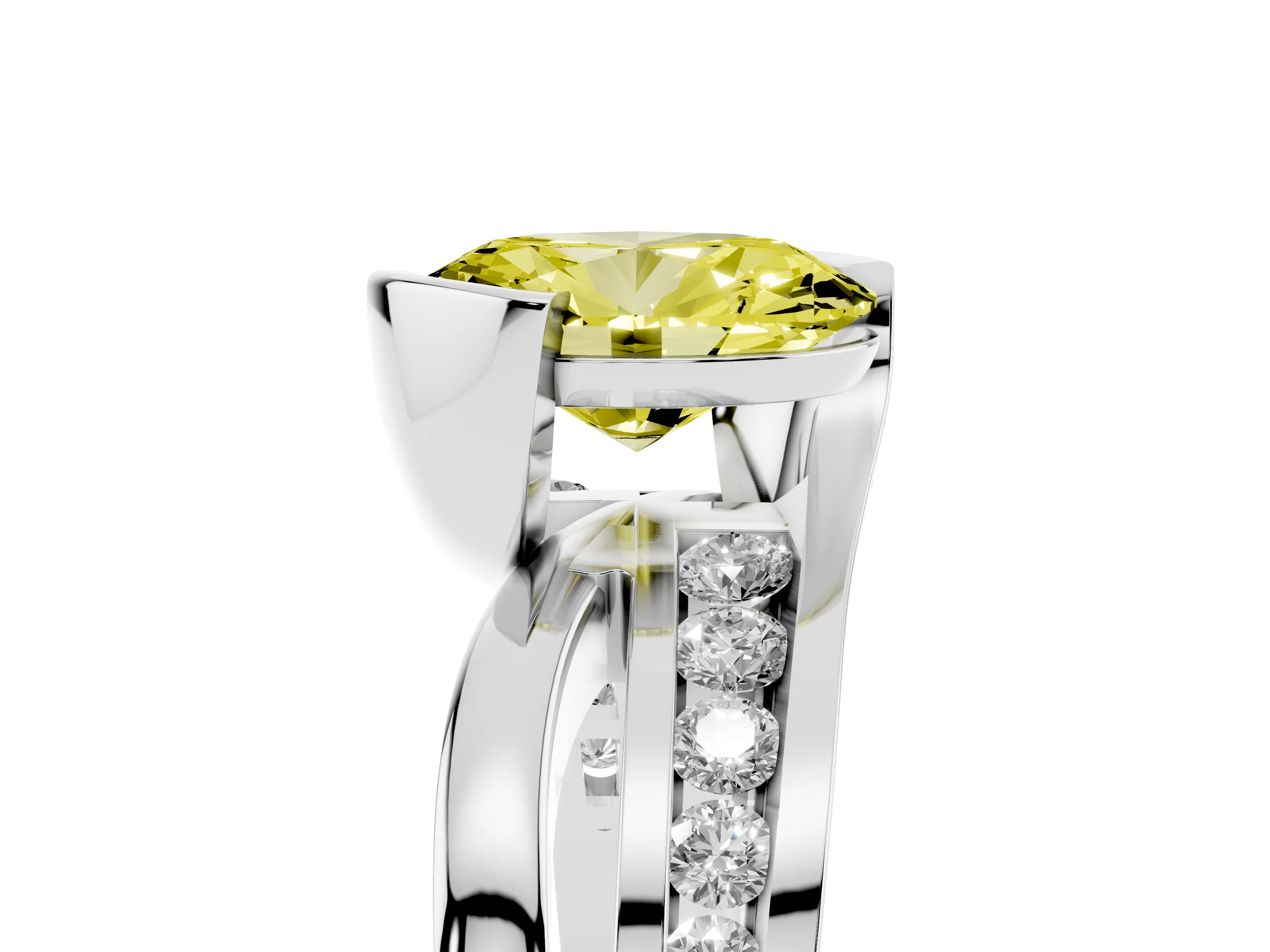 Fancy Yellow Oval Cut Diamond Solitaire Ring Set in Platinum with Channel Set Split Shank and Tension Prongs