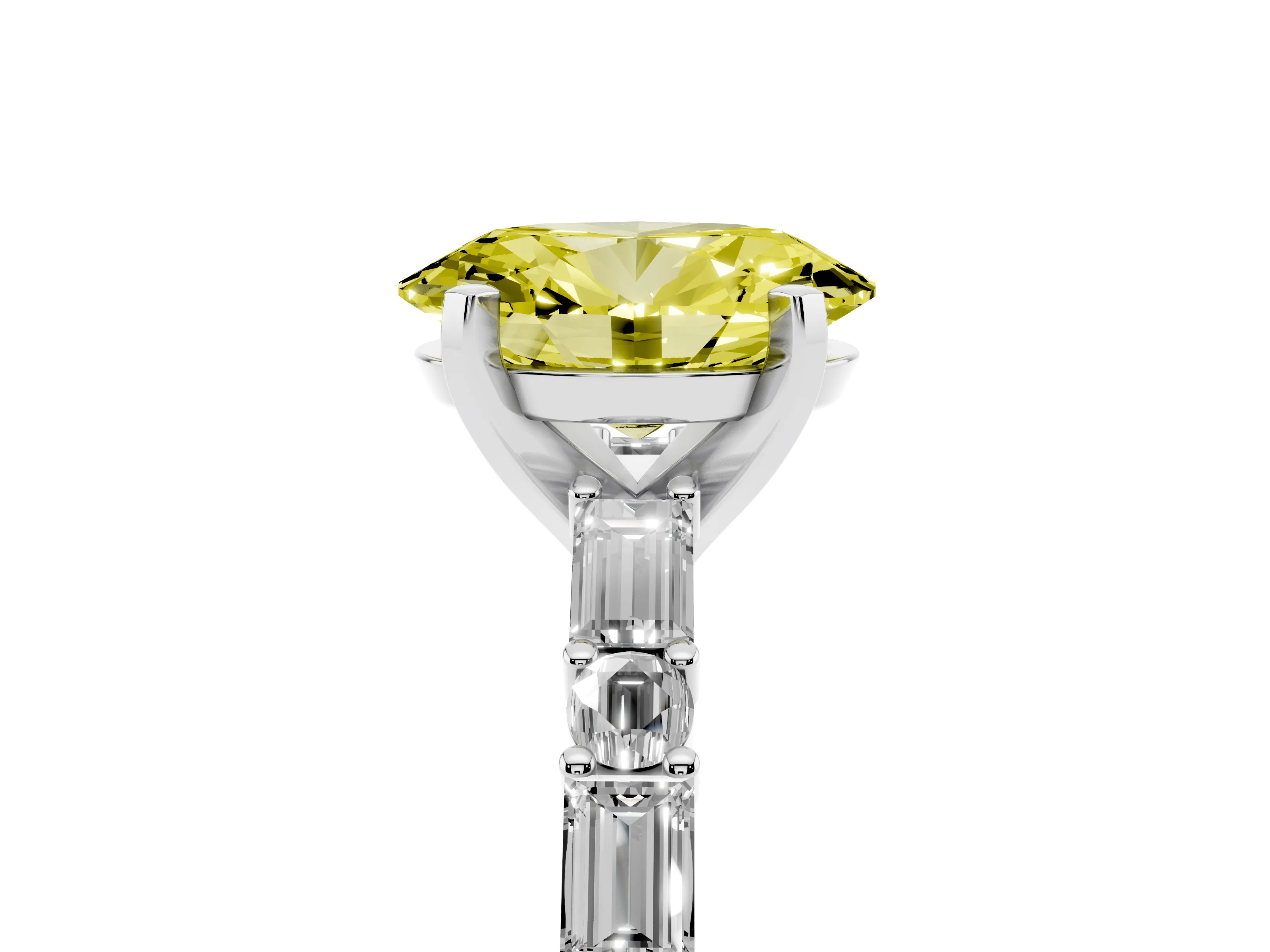 Fancy Yellow Oval Cut Diamond Solitaire Set in White gold with Side Baguettes and Channel Set Band