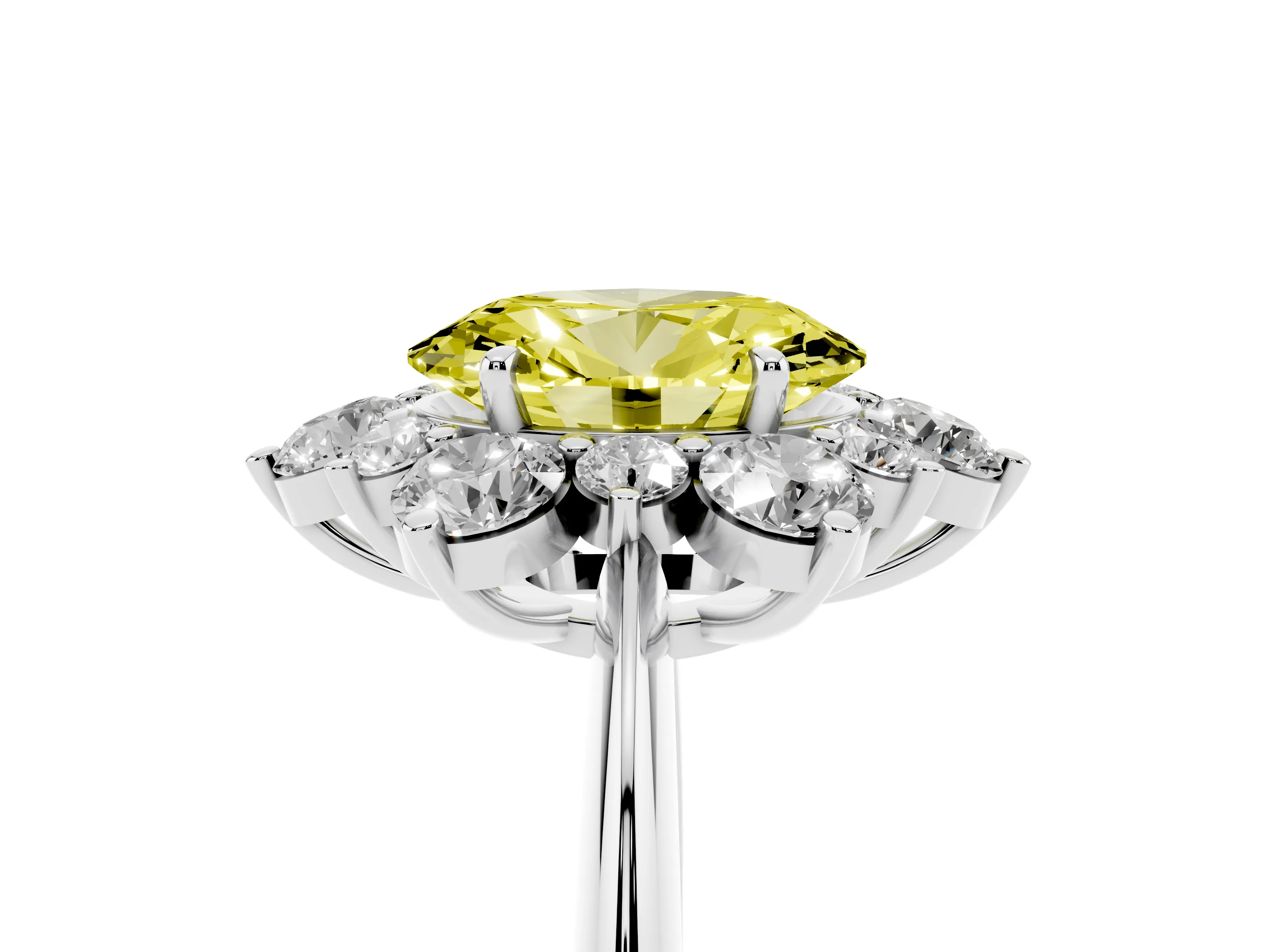 Fancy Yellow Oval Cut Diamond Cluster Halo Ring Set in Silver with Solitaire Band and Prong Setting