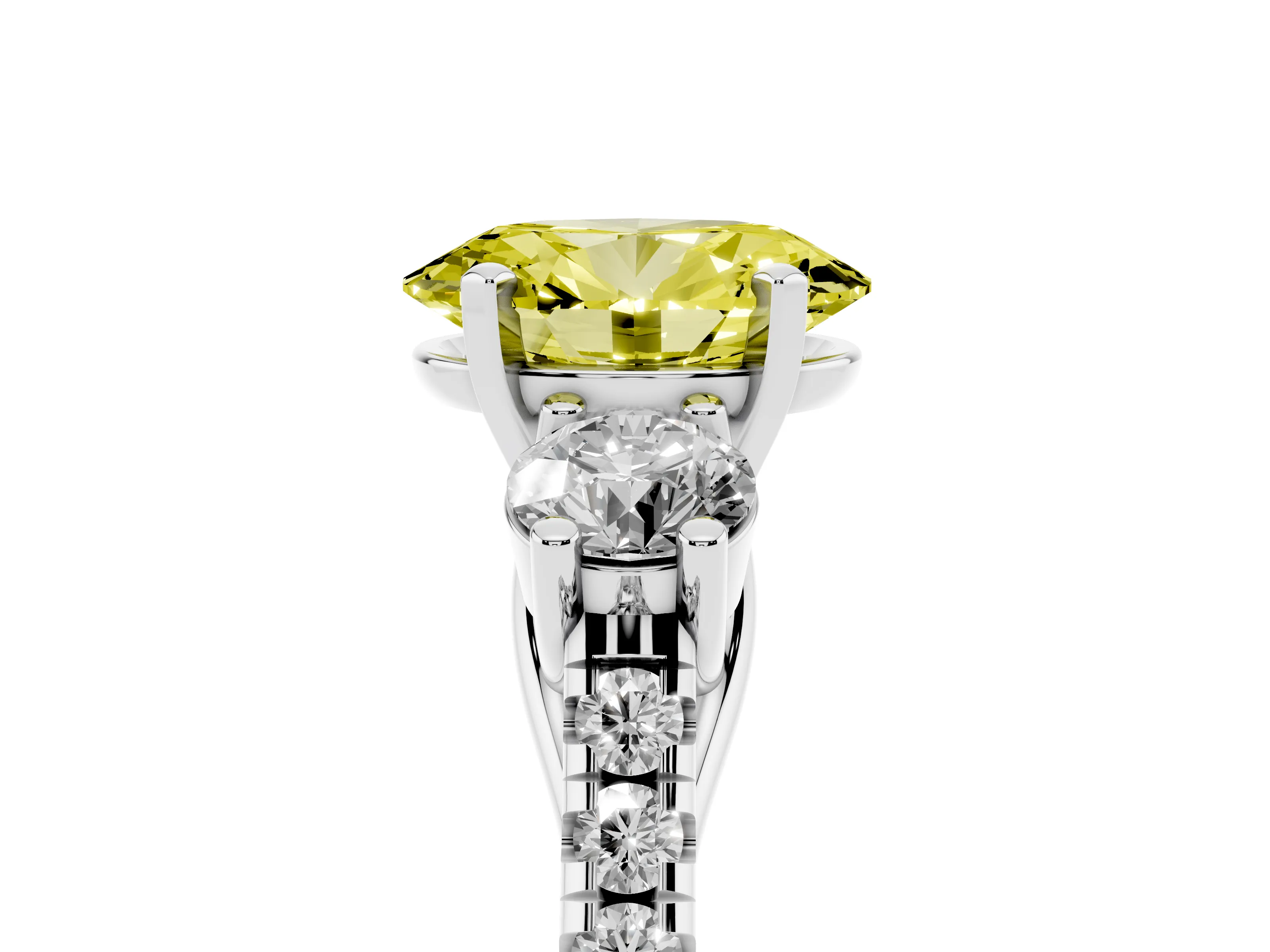 Fancy Yellow Three-Stone Oval Cut Diamond Pavé Band Ring Set in Platinum with Prong-Set Trio