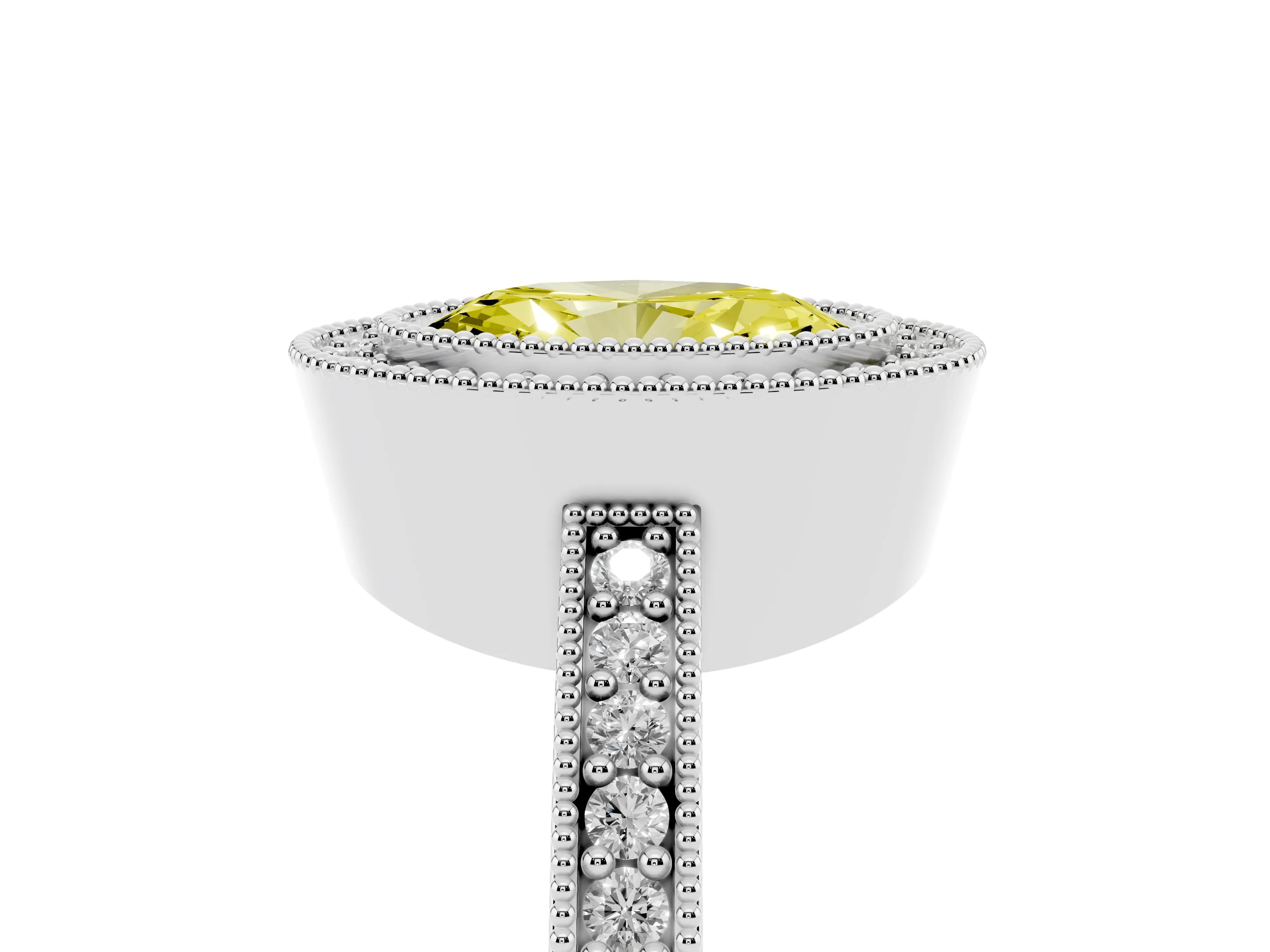 Fancy Yellow Oval Cut Diamond Halo Engagement Ring Set in White gold with Pavé Band and Round Halo Stones