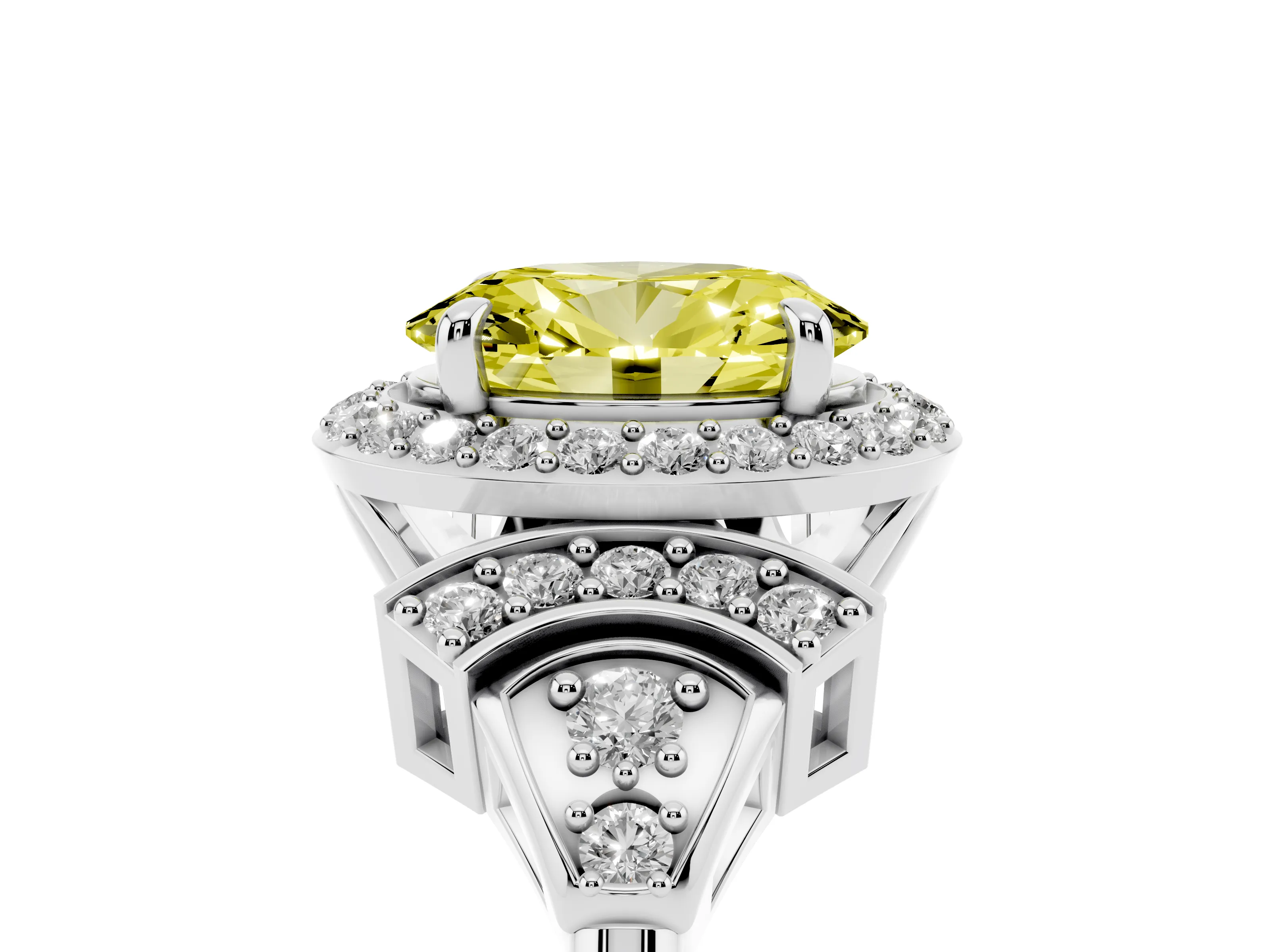 Fancy Yellow Oval Cut Diamond Halo Engagement Ring Set in Platinum with Accent Stone Split Shank