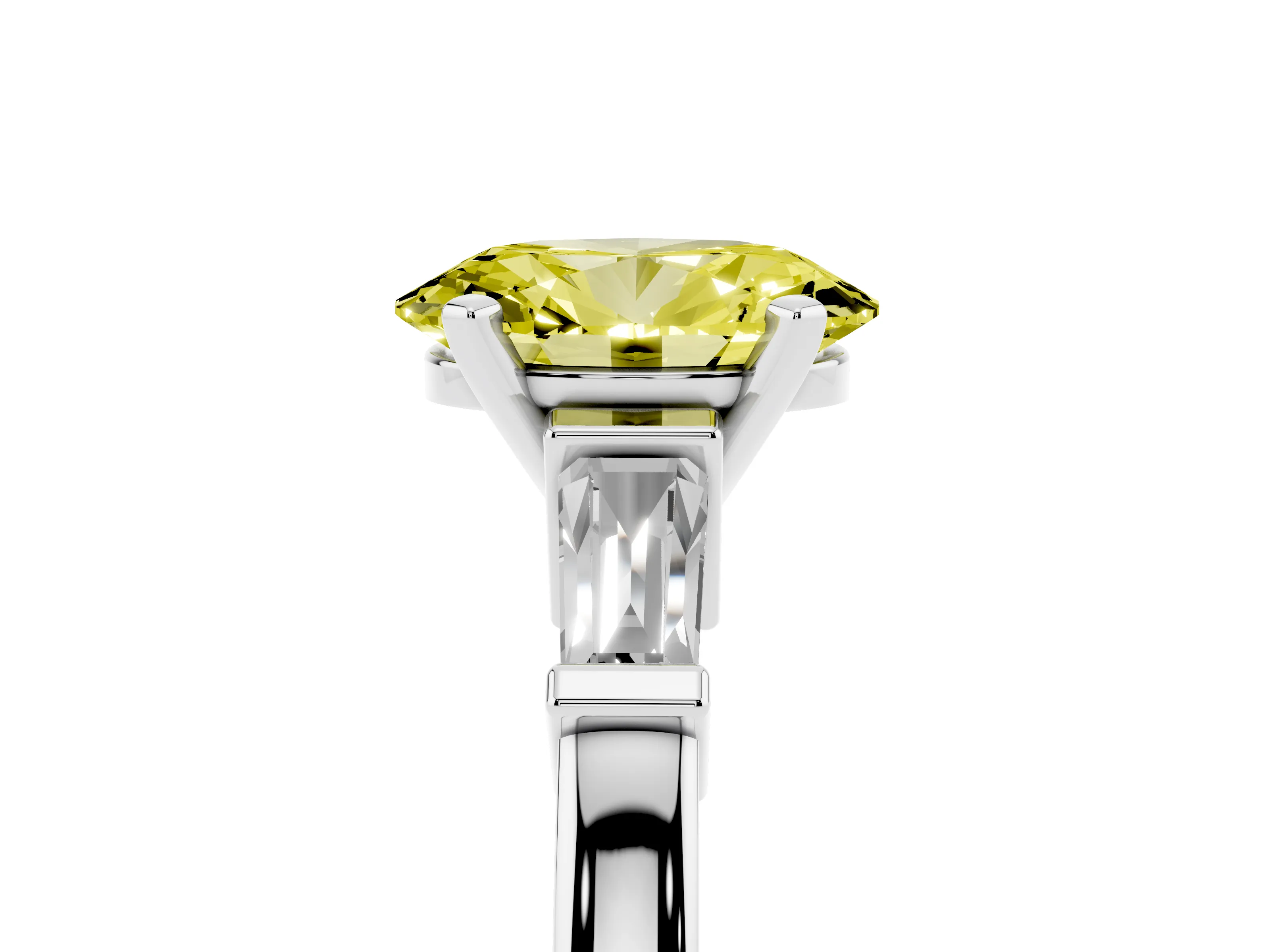 Fancy Yellow Oval Cut Diamond Solitaire Ring Set in White gold with Tapered Baguette Accents and Prong Setting