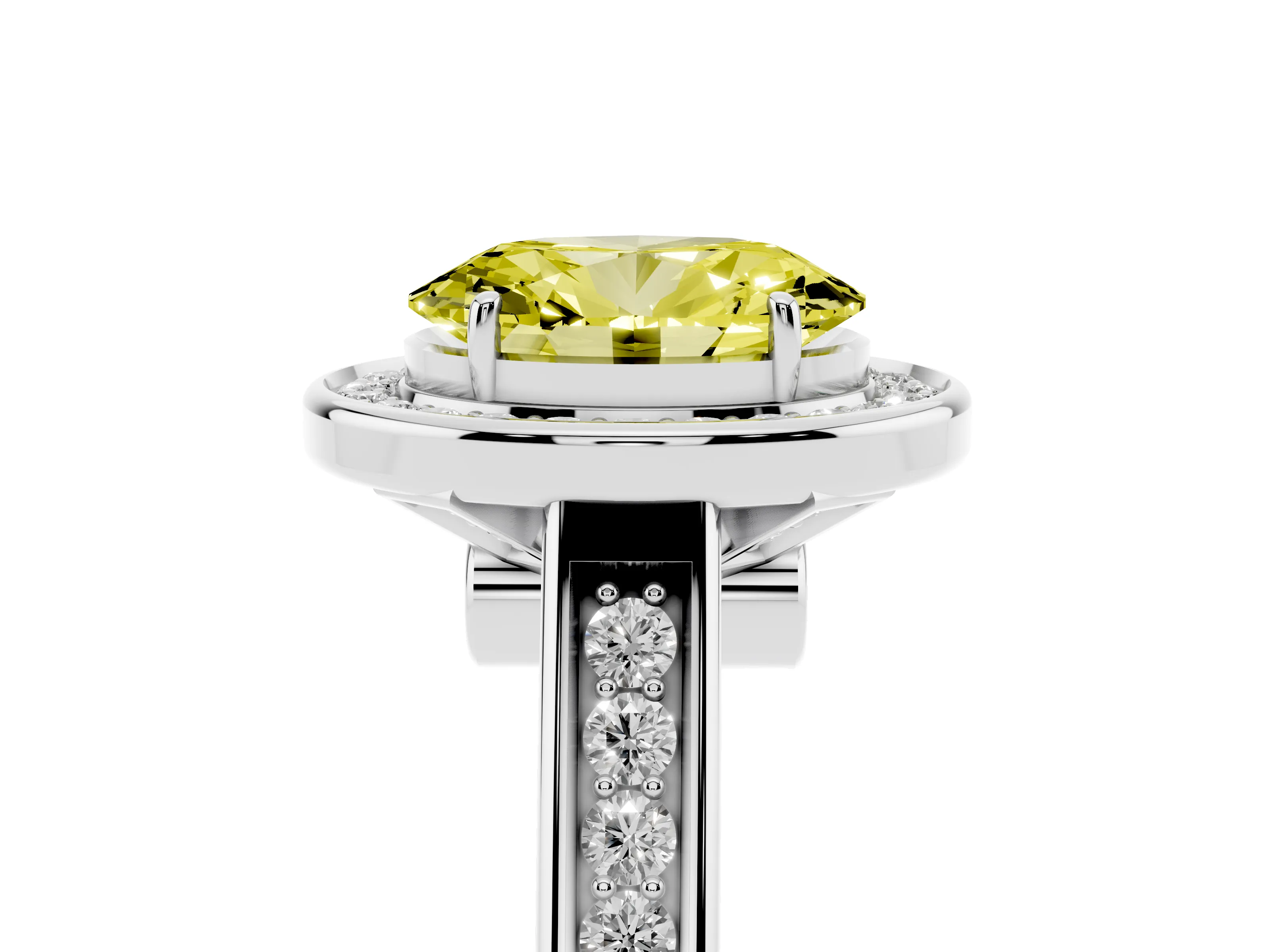 Fancy Yellow Oval Cut Diamond Halo Solitaire Ring Set in Platinum with Pavé Band and Bezel Setting