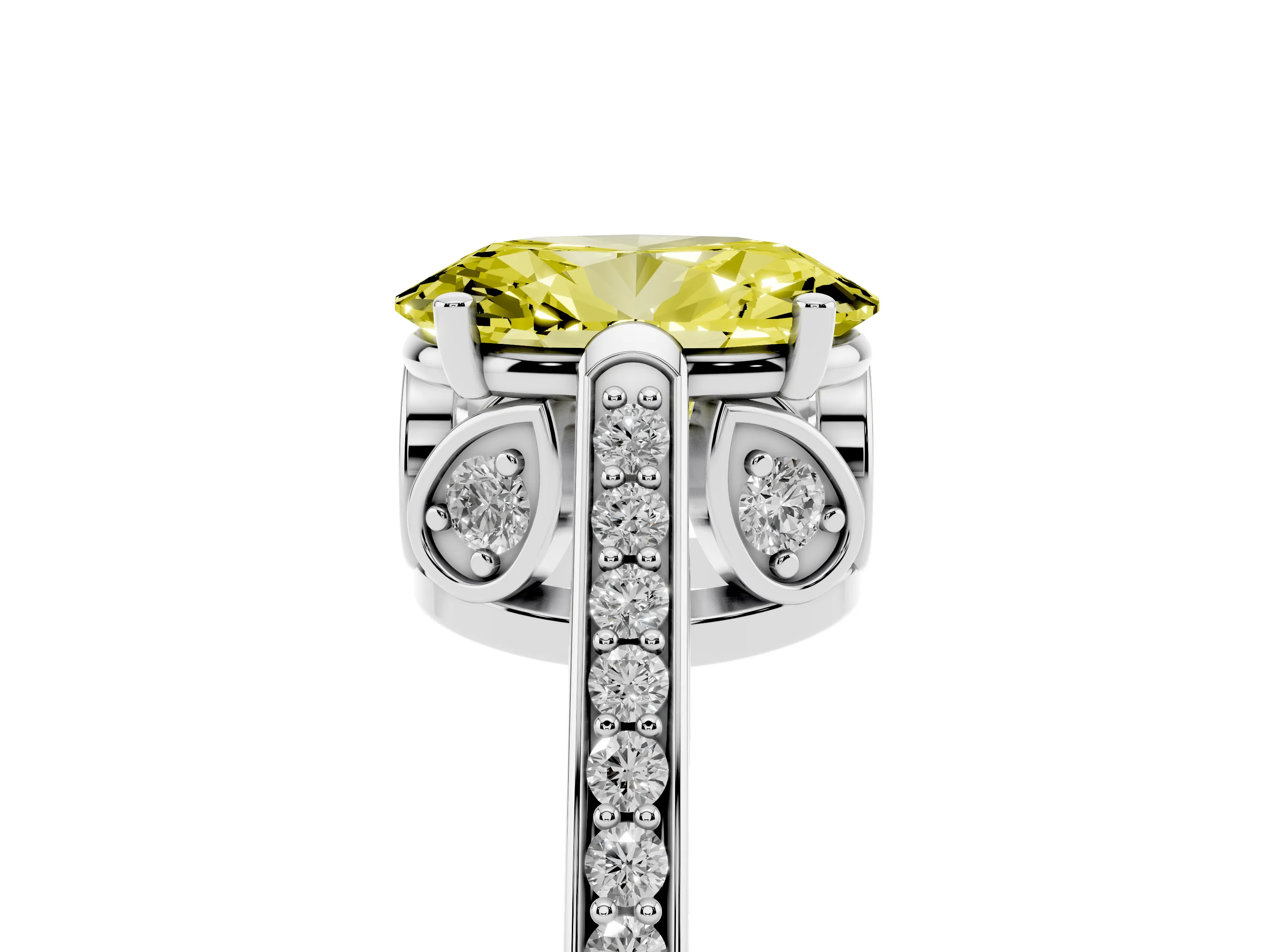 Fancy Yellow Oval Cut Diamond Cathedral Pavé Engagement Ring Set in Silver with Prong Setting