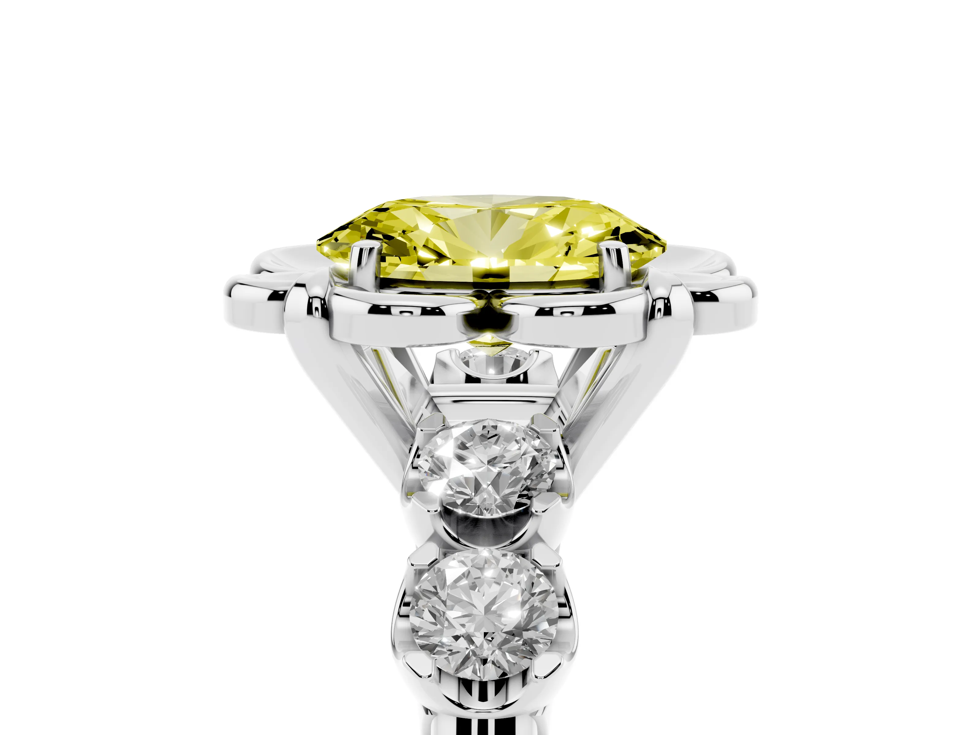 Fancy Yellow Oval Cut Diamond Floral Halo Ring Set in Platinum with Shared Prong Band