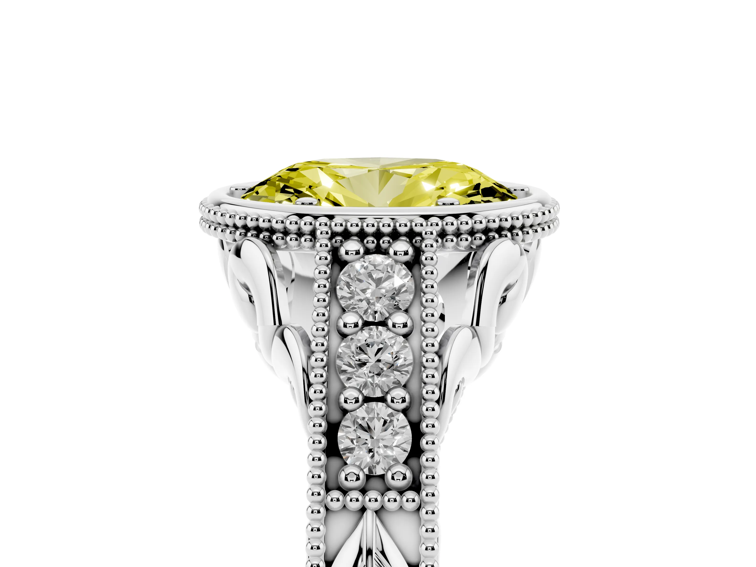 Fancy Yellow Bezel Set Oval Cut Diamond Milgrain Pavé Engagement Ring Set in Silver