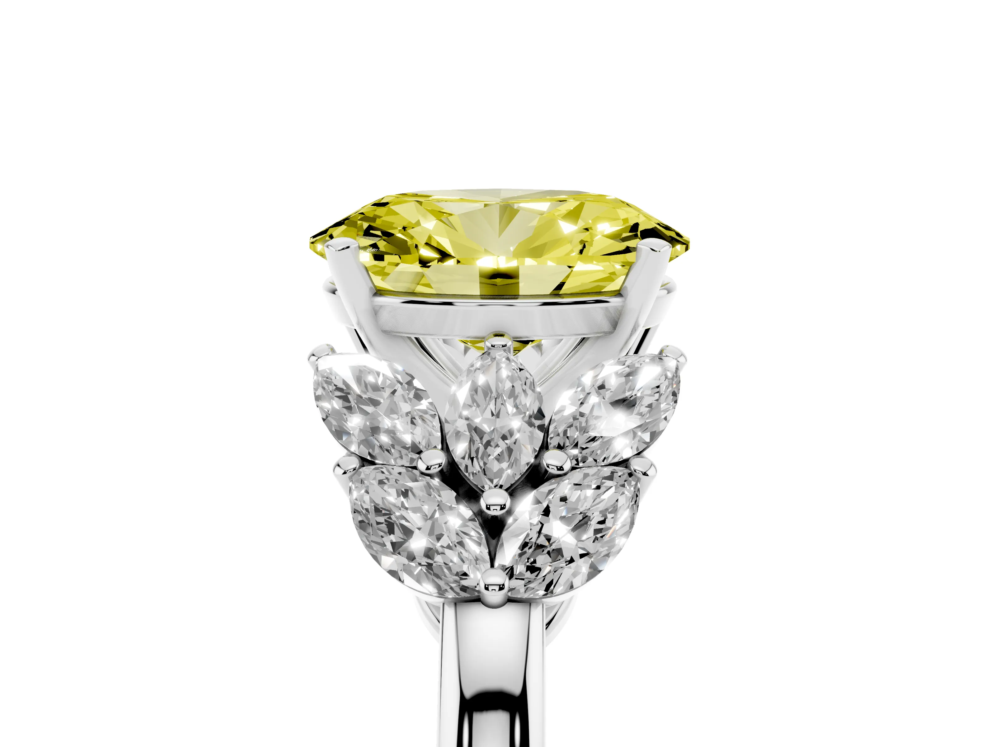 Fancy Yellow Oval Cut Diamond Cluster Leaf Design Ring Set in White gold with Prong Setting