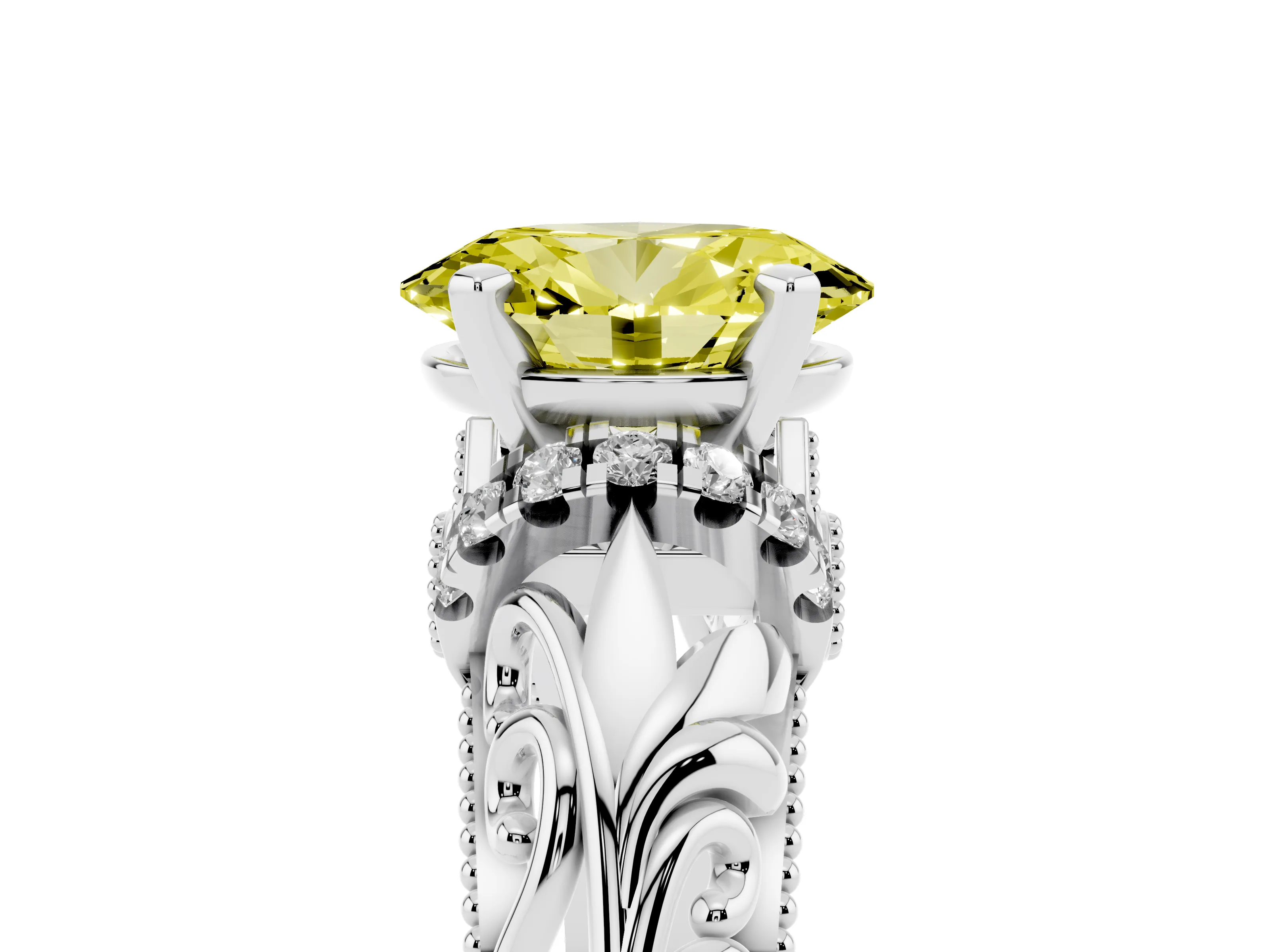 Fancy Yellow Oval Cut Diamond Filigree Halo Engagement Ring Set in Platinum with Prong Setting