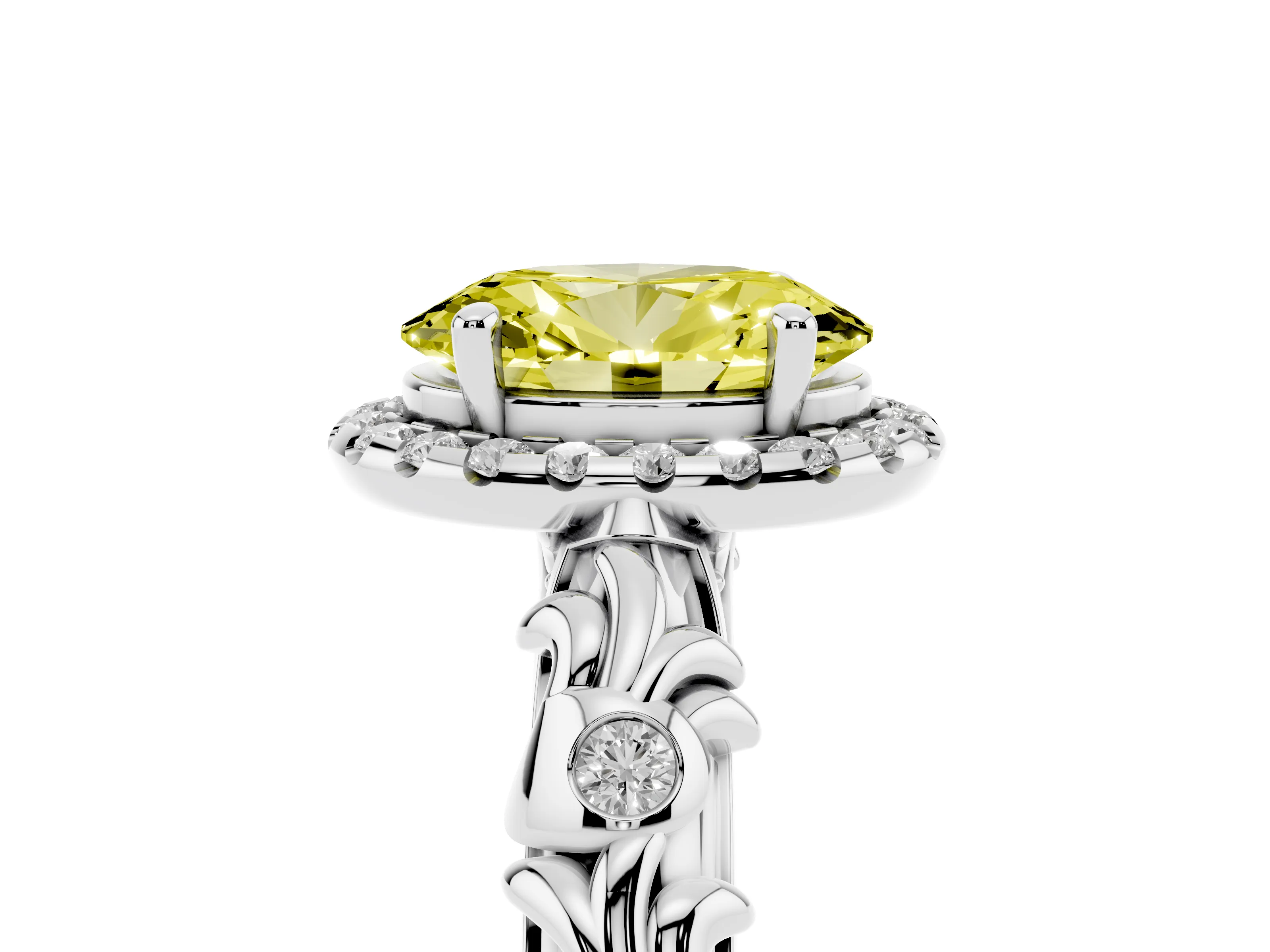 Fancy Yellow Oval Cut Diamond Halo Ring Set in Silver with Filigree Leaf Band and Prong Setting