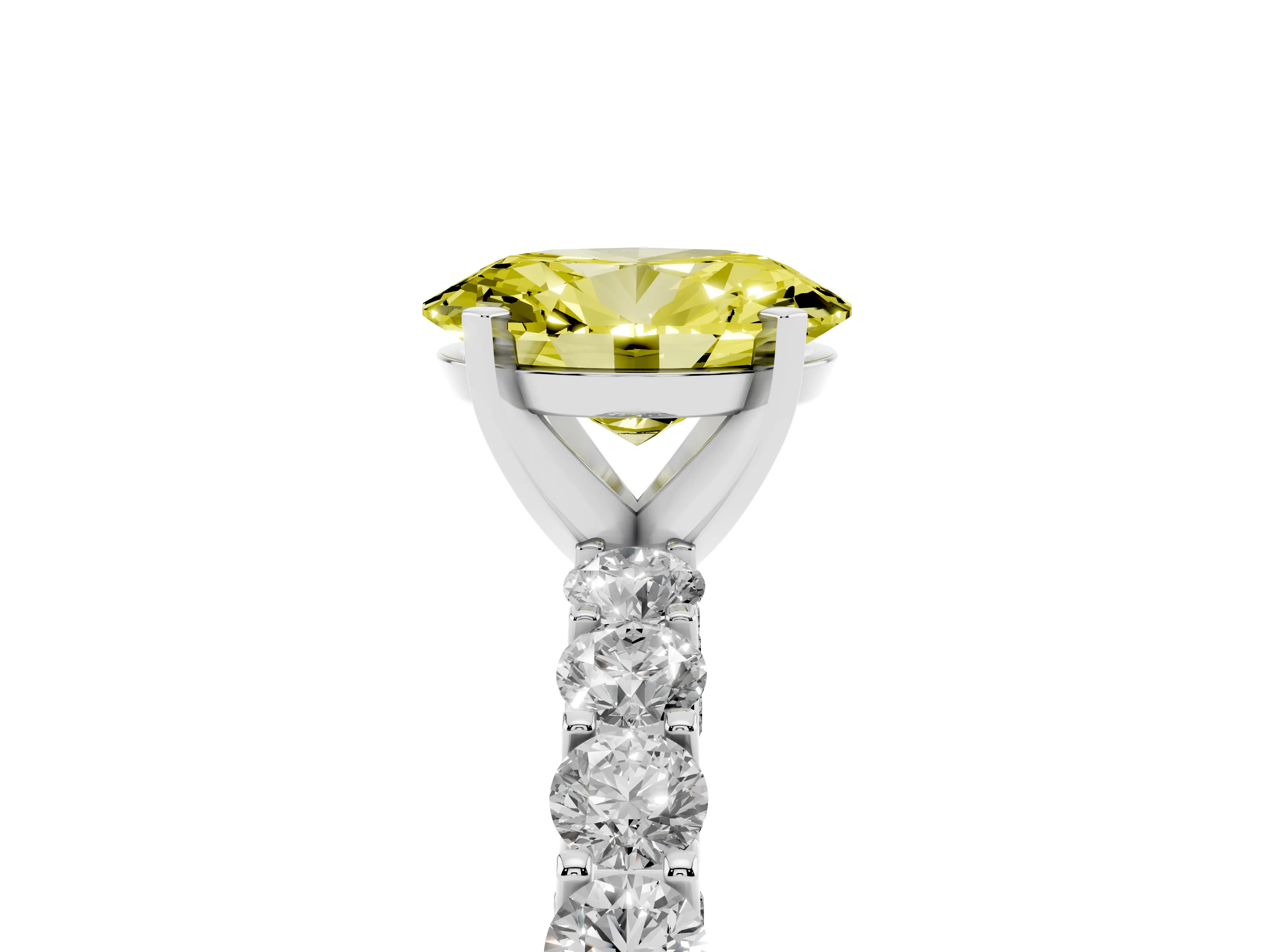 Fancy Yellow Oval Cut Diamond Solitaire Ring Set in Platinum with Shared Prong Pavé Band