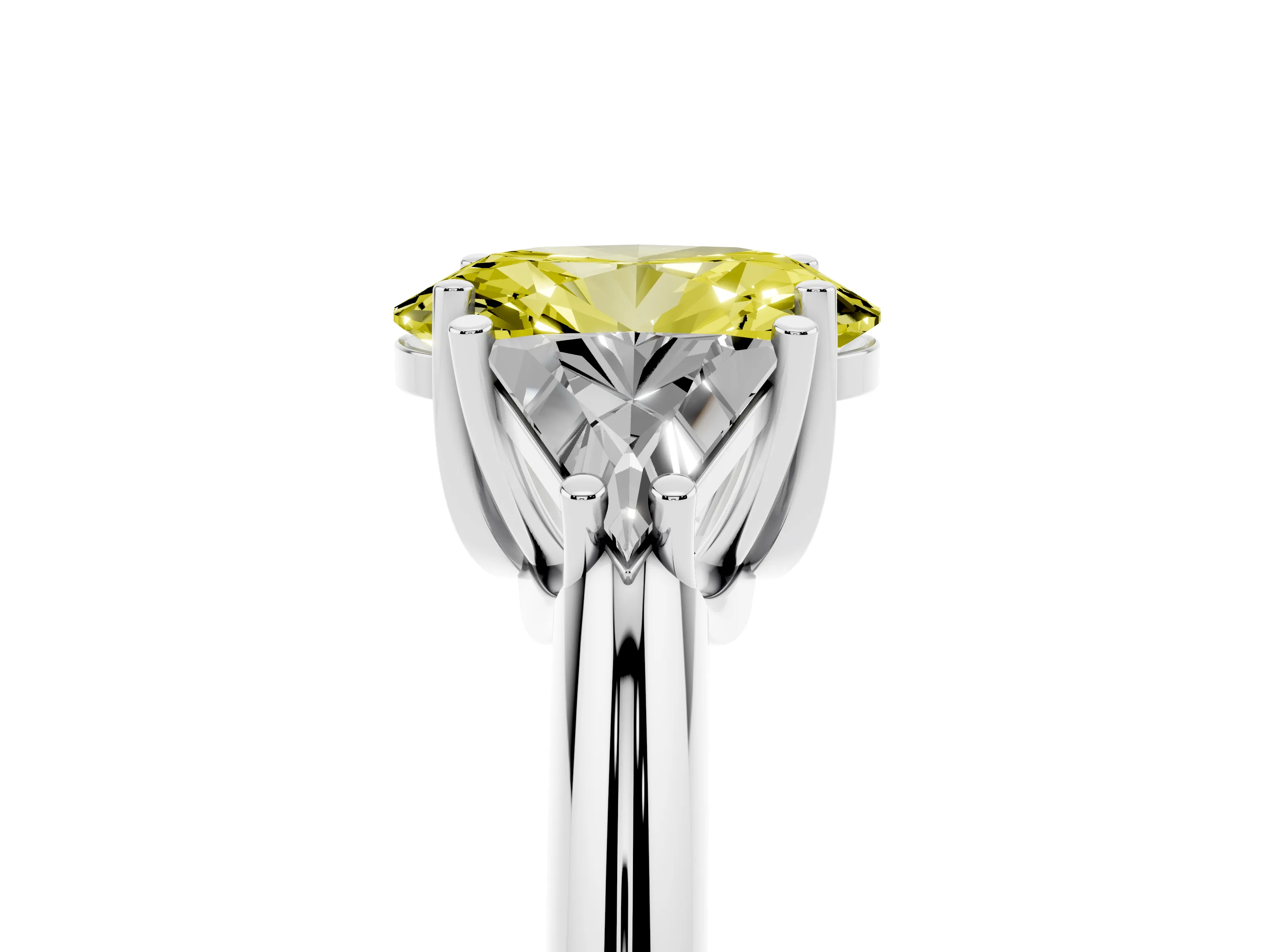 Fancy Yellow Oval Cut Diamond Three-Stone Engagement Ring Set in Platinum with Trillion Side Stones