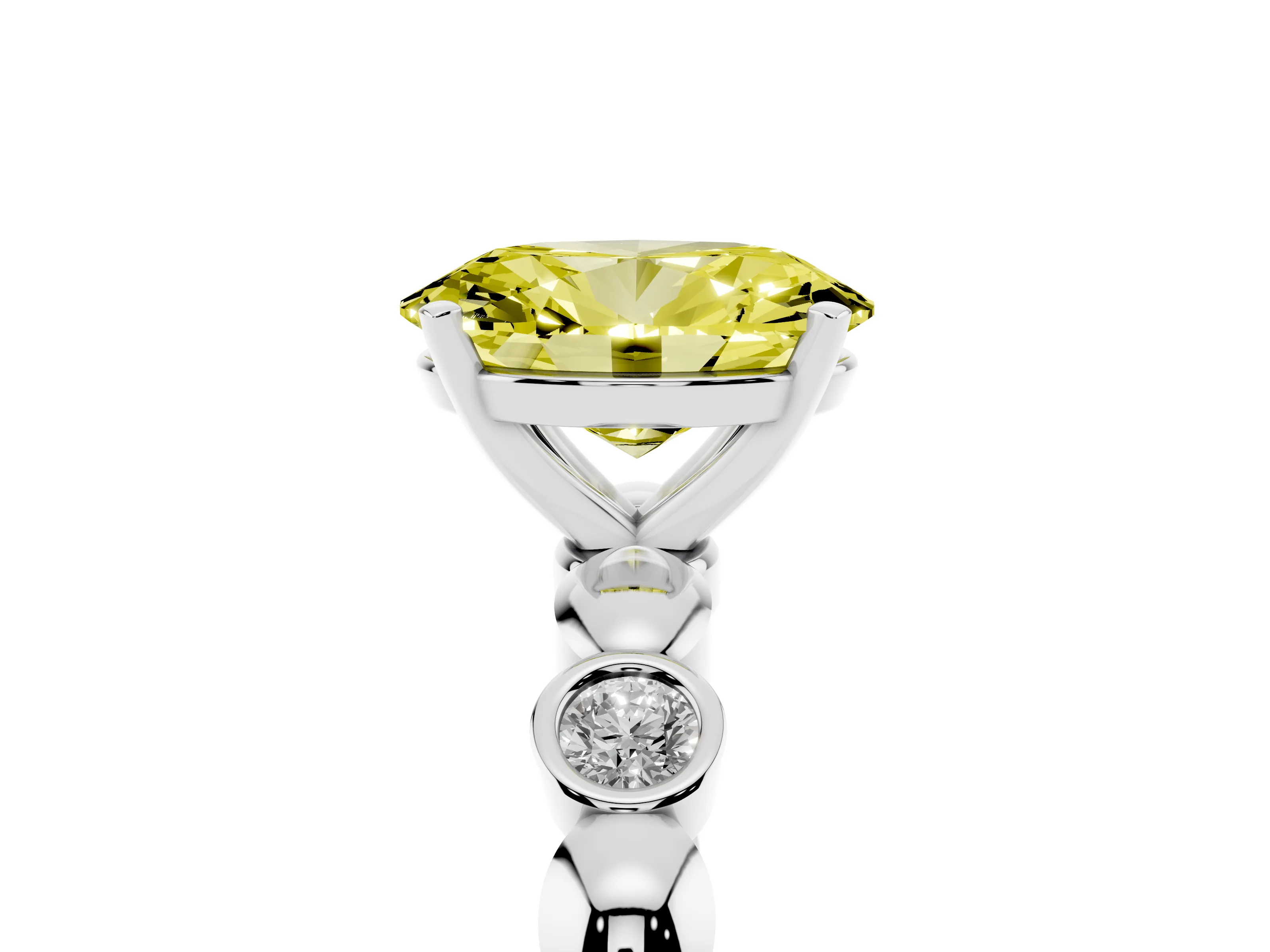 Fancy Yellow Oval Cut Diamond Solitaire Ring Set in Silver with Bezel-Set Accents on Beaded Band and Prong Setting