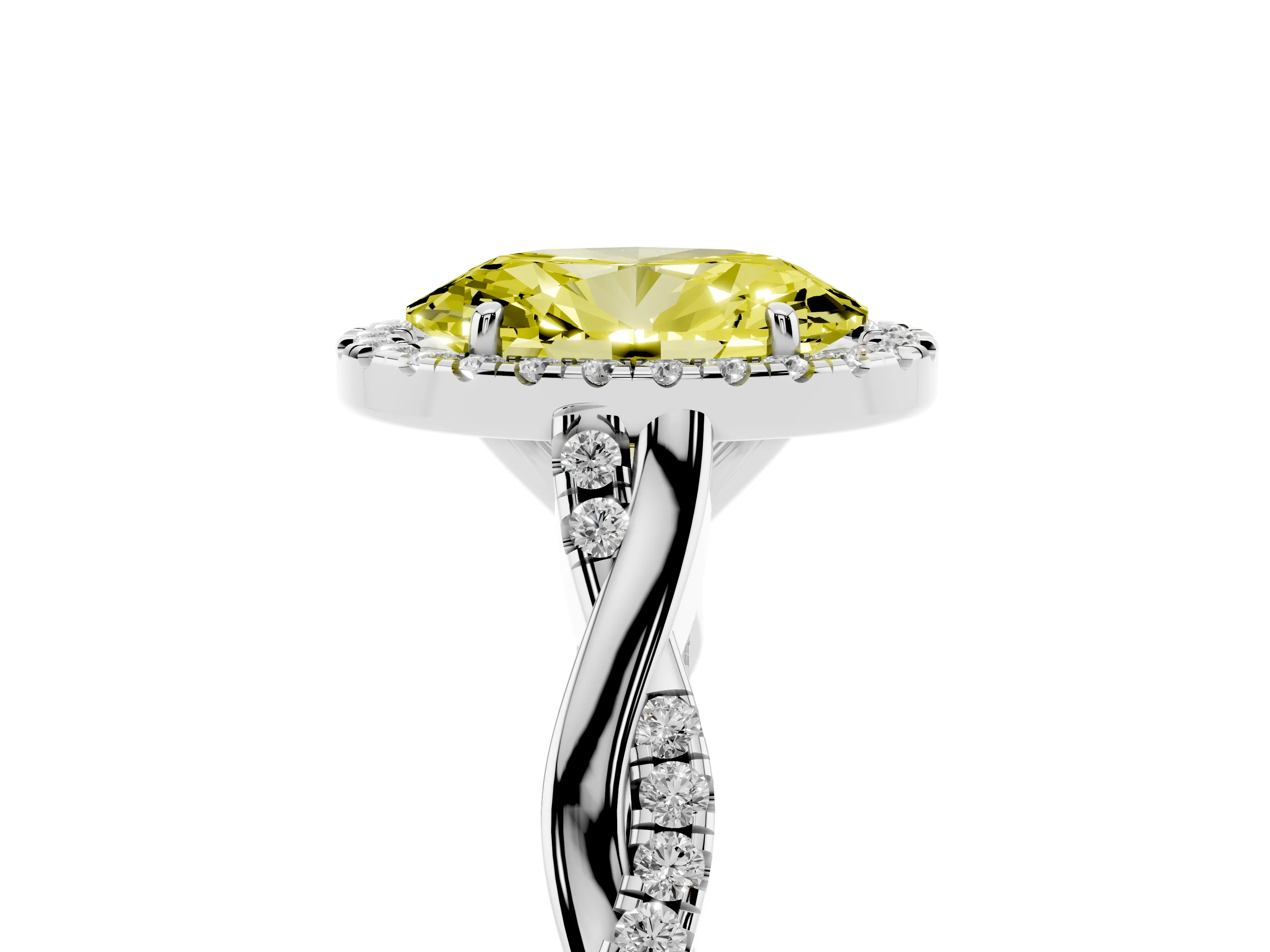 Fancy Yellow Oval Cut Diamond Halo Twist Band Solitaire Ring Set in Platinum with Prong Setting