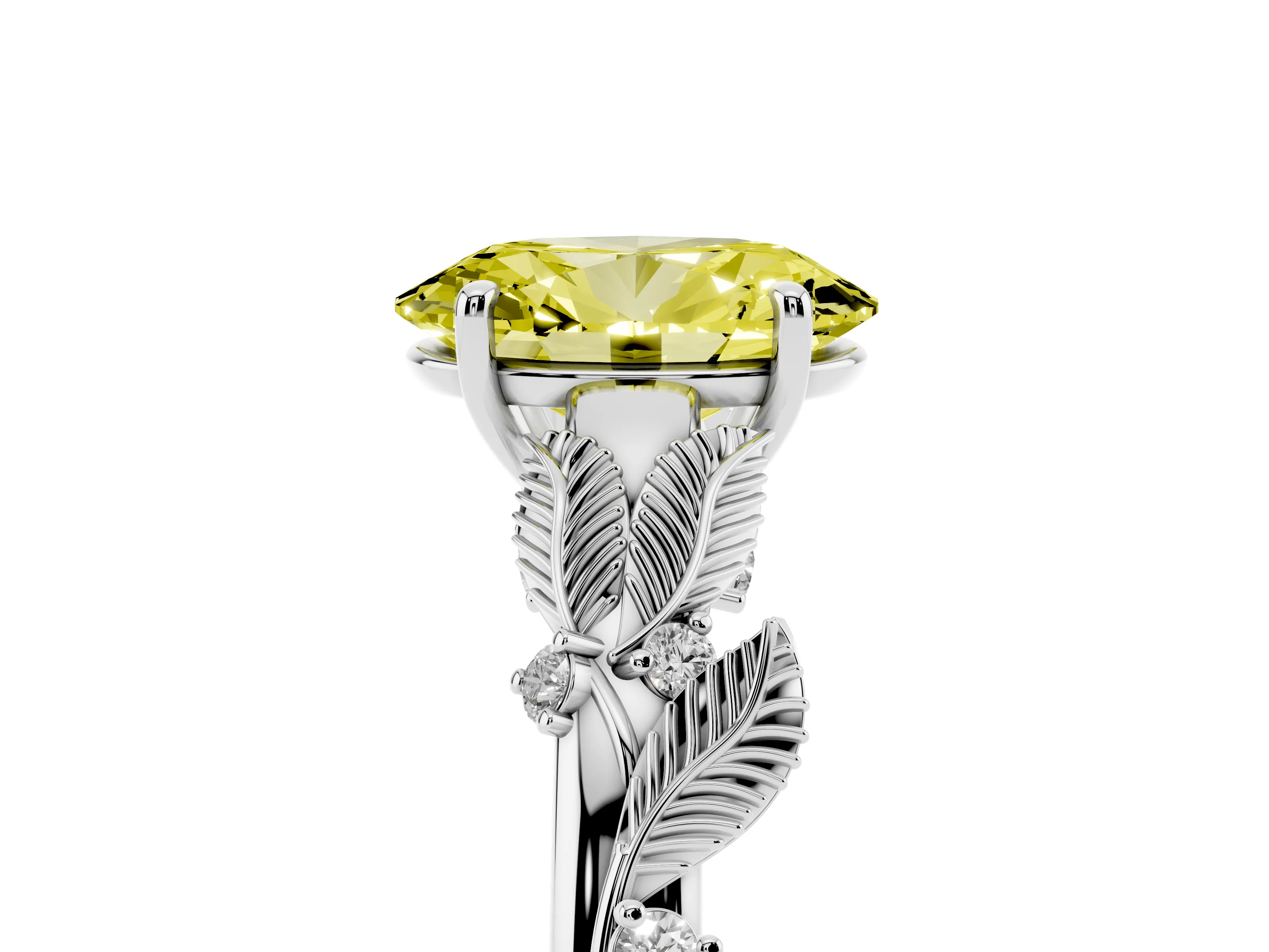 Fancy Yellow Oval Cut Diamond Solitaire Ring Set in Silver with Leaf Motif Band