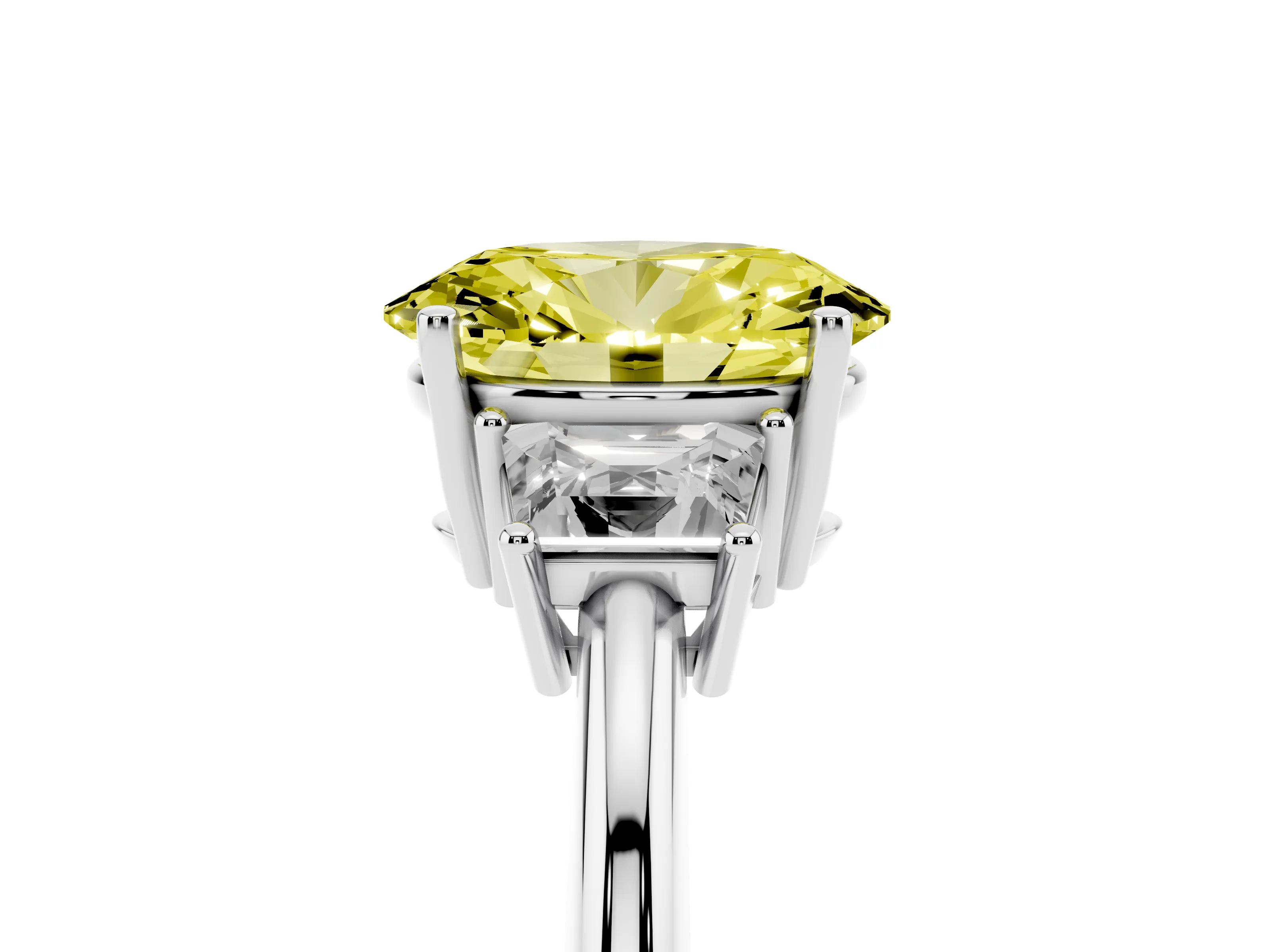 Fancy Yellow Oval Cut Diamond Three-Stone Ring Set in White gold with Trapezoid Side Stones and Prong Setting