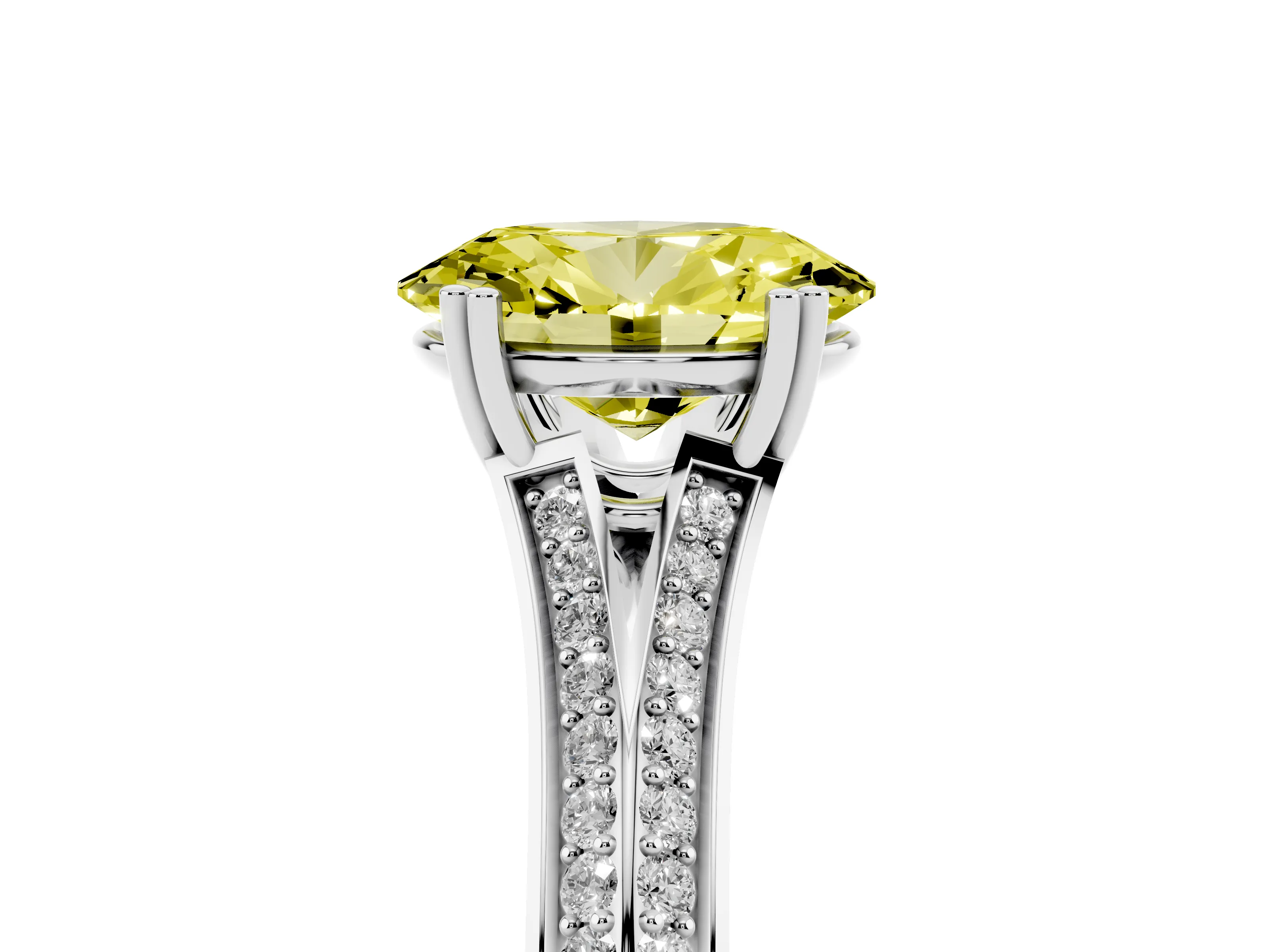 Fancy Yellow Oval Cut Diamond Split Shank Pavé Engagement Ring Set in Silver with Prong-Set Center Stone