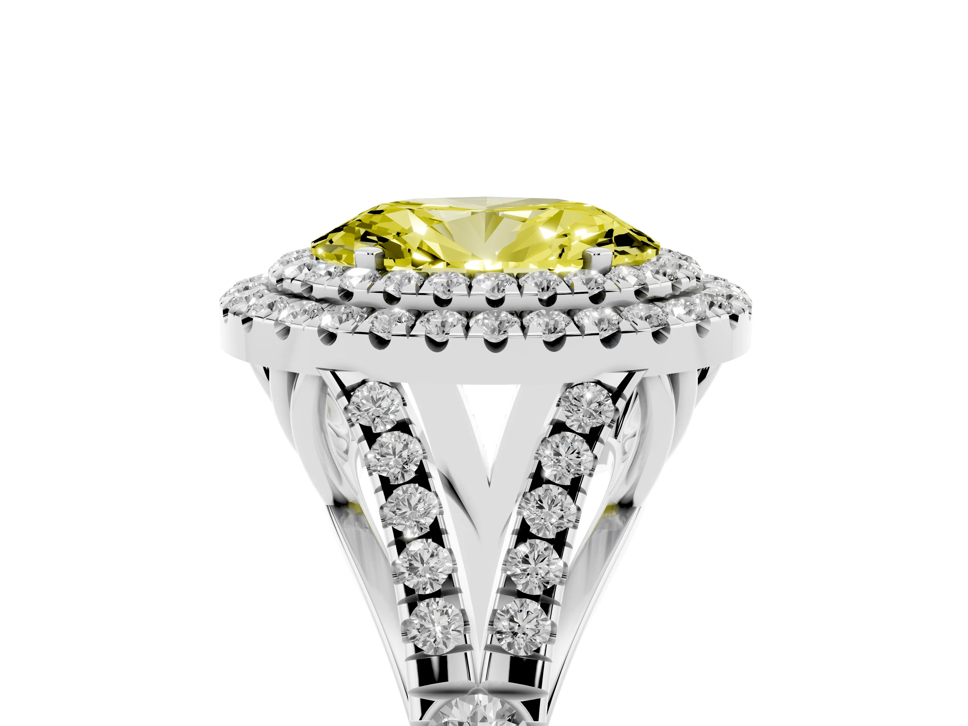Fancy Yellow Oval Cut Diamond Pavé Split Shank Double Halo Engagement Ring Set in Silver