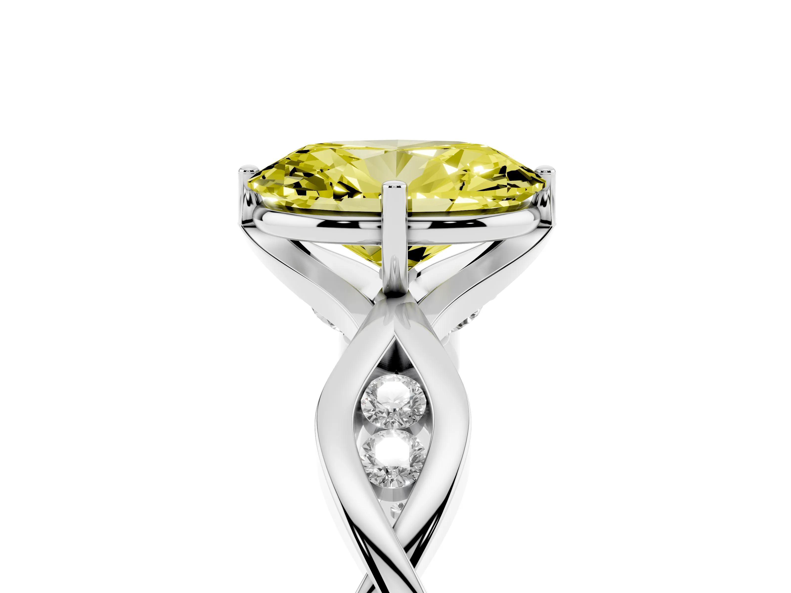 Fancy Yellow Oval Cut Diamond Twist Band Solitaire Ring Set in Platinum with Leaf Prong Setting and Accent Stones