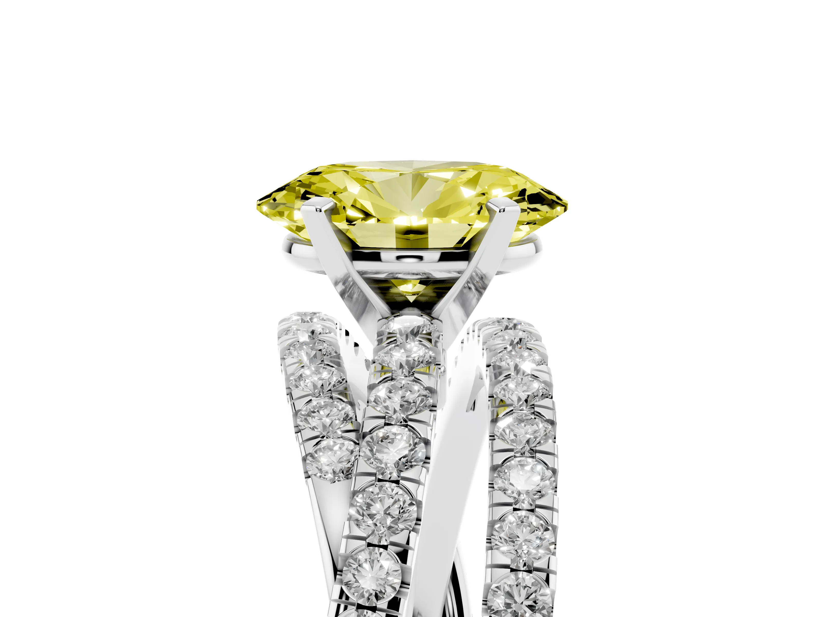 Fancy Yellow Oval Cut Diamond Solitaire Twist Band Ring Set in Platinum with Pavé Setting and Prong Head