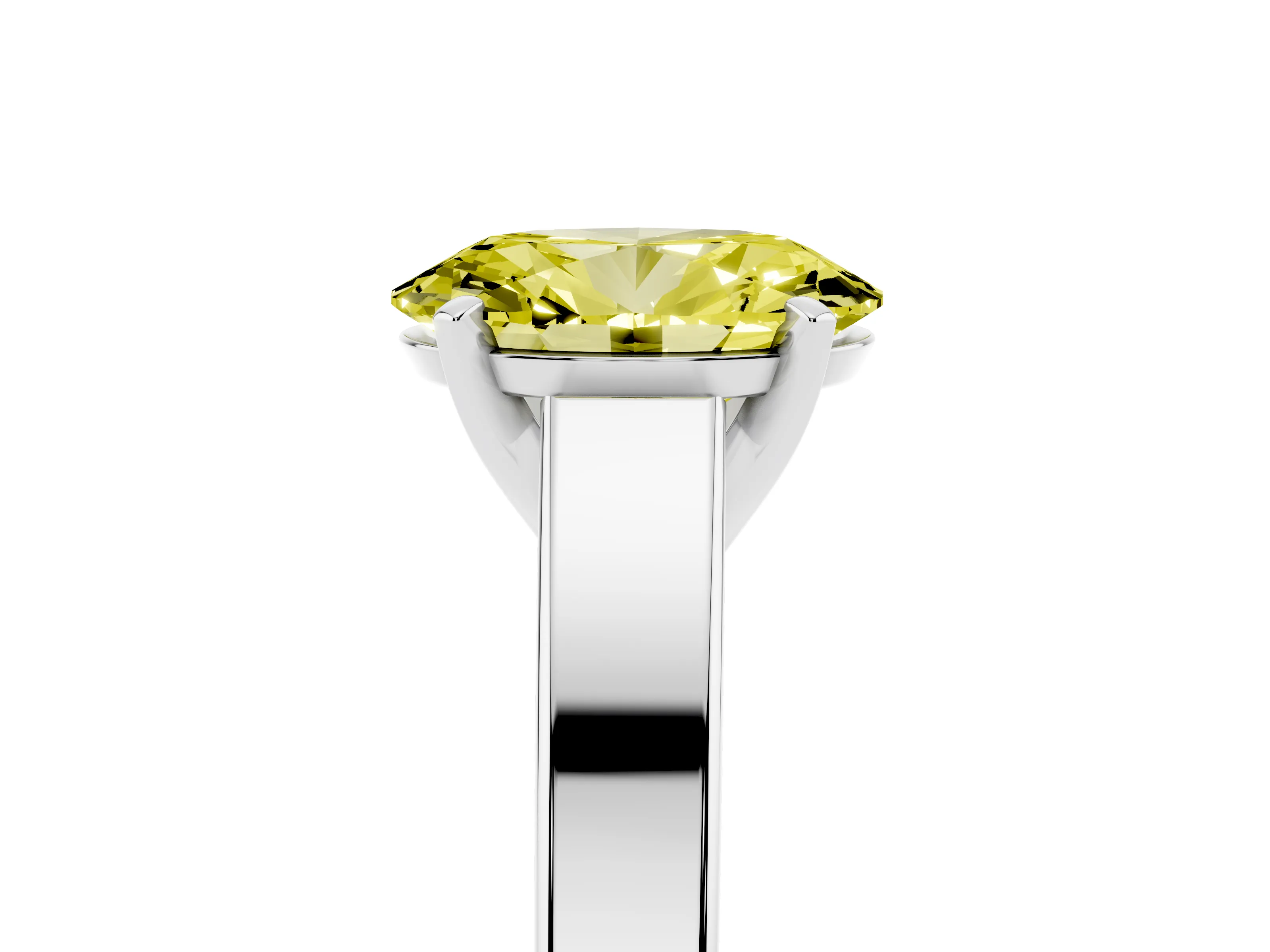 Fancy Yellow Oval Cut Diamond Solitaire Engagement Ring Set in White gold with Prong Setting and Tapered Band