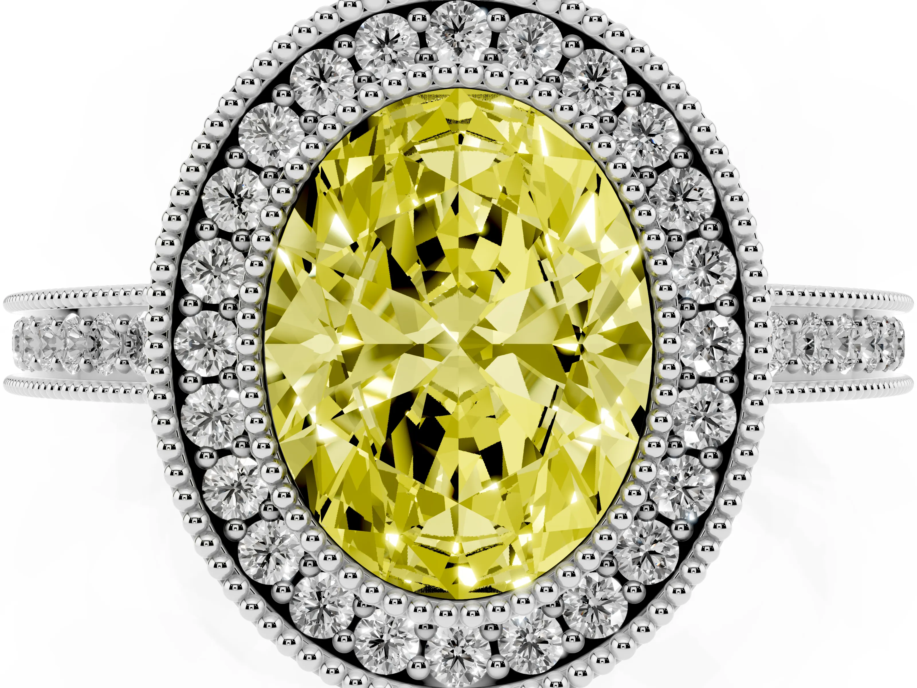 Fancy Yellow Oval Cut Diamond Halo Ring Set in Silver with Pavé Band and Milgrain-Edged Prongs