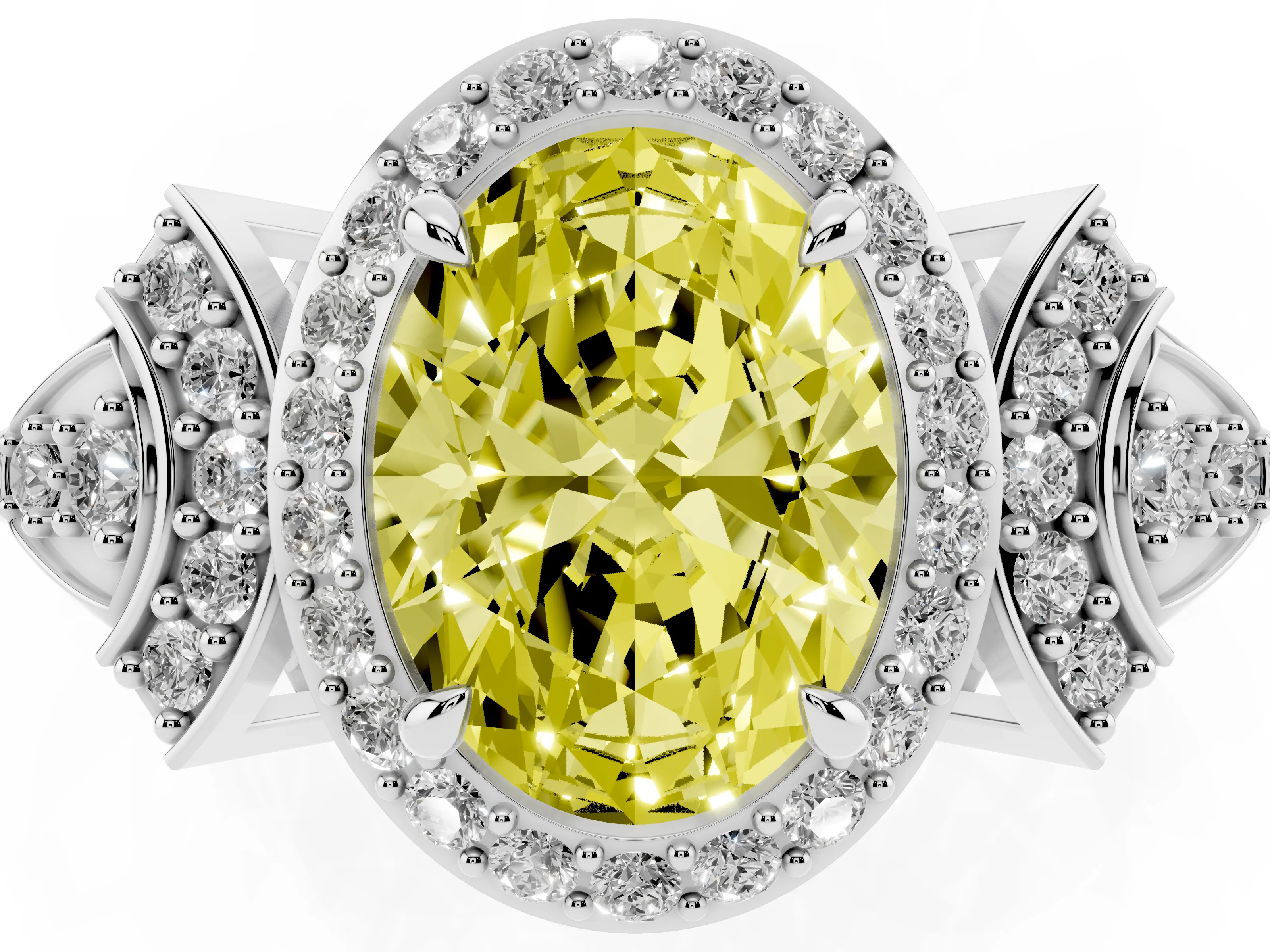 Fancy Yellow Oval Cut Diamond Halo Engagement Ring Set in Platinum with Accent Stone Split Shank