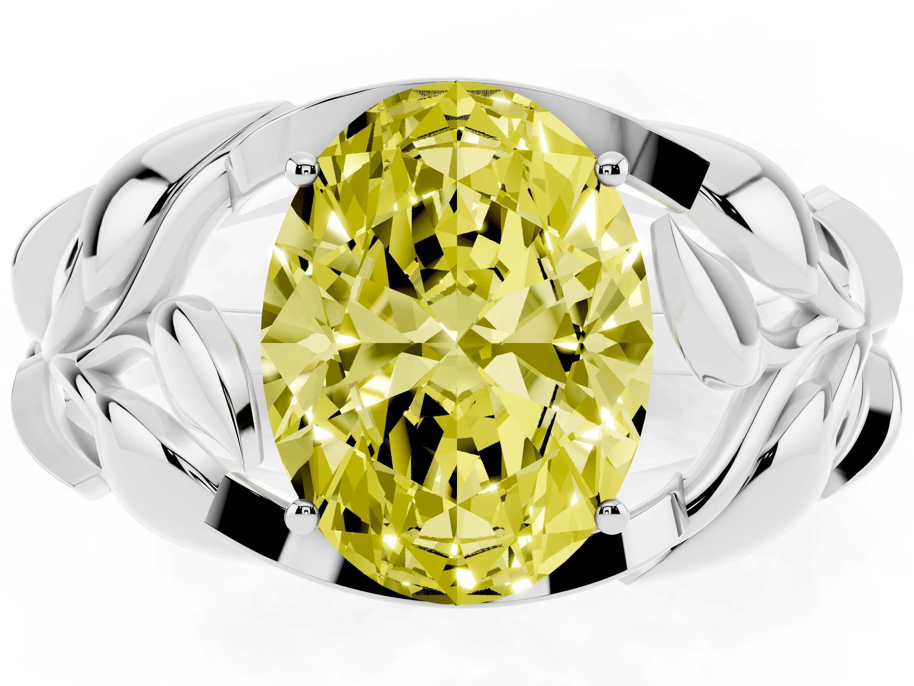 Fancy Yellow Oval Cut Diamond Leaf-Inspired Engagement Ring Set in White gold with Round Accents