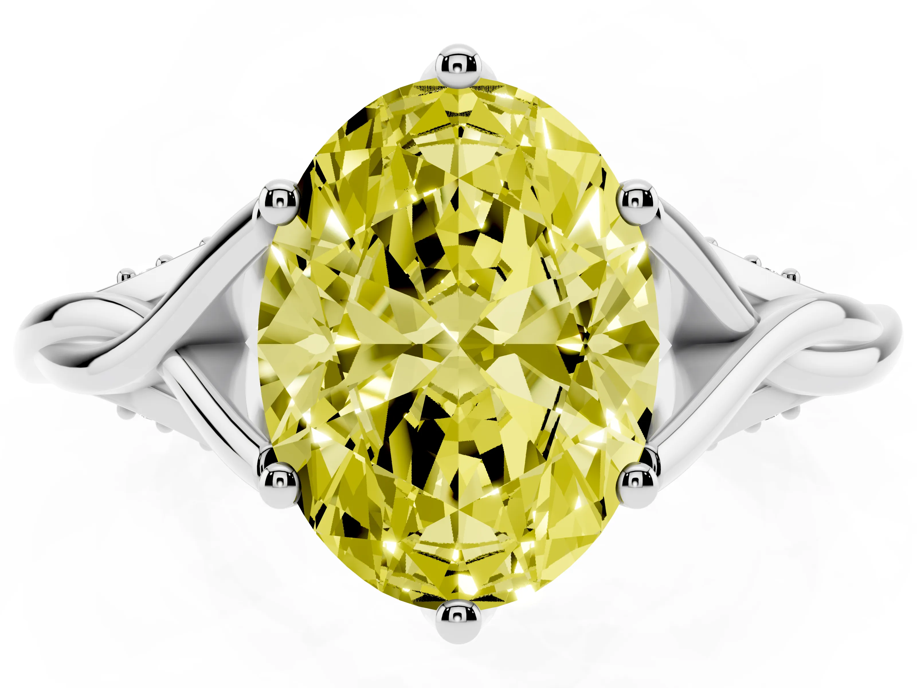 Fancy Yellow Oval Cut Diamond Intertwined Twist Band Solitaire Ring Set in White gold with Prong Setting
