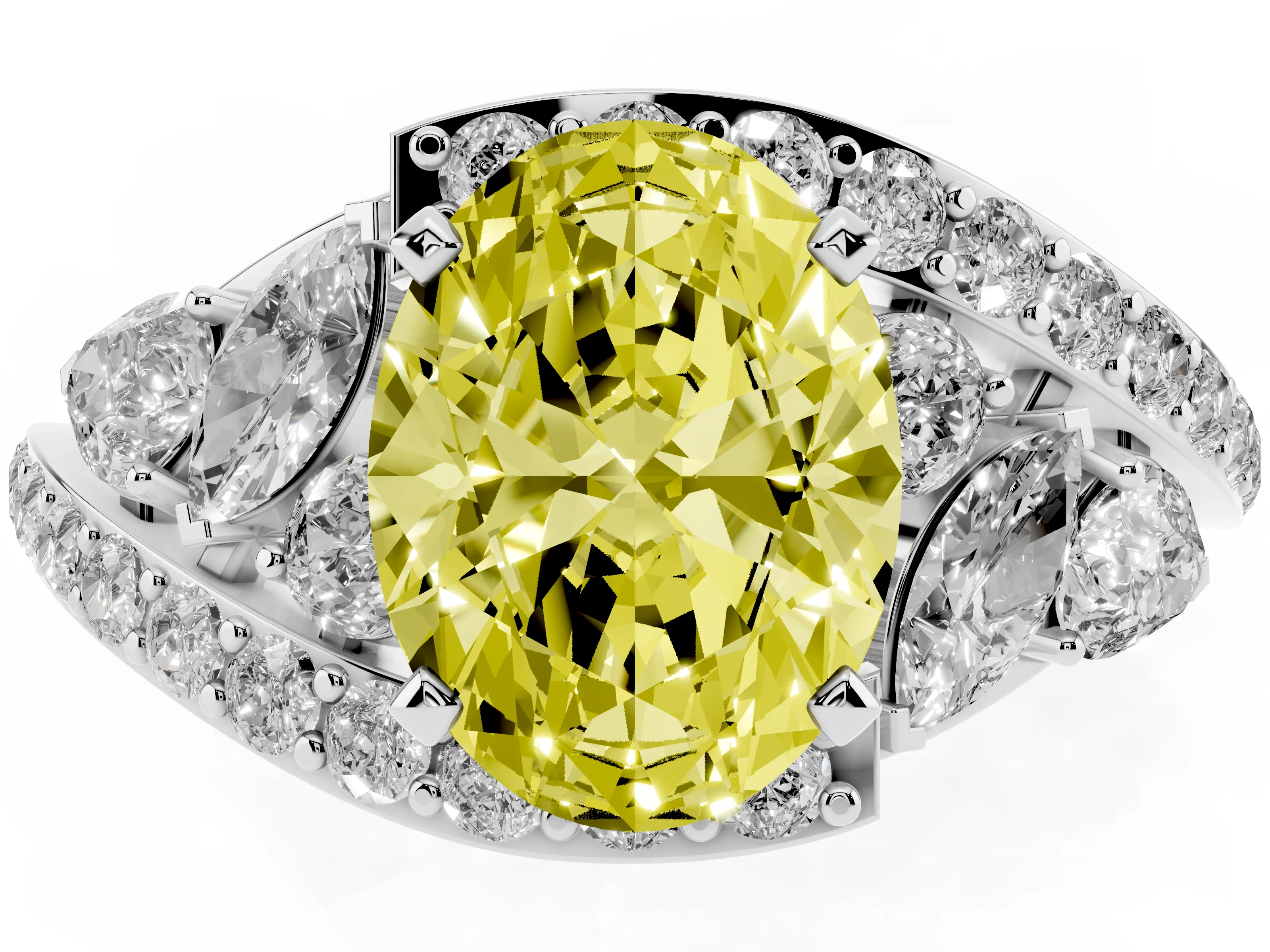 Fancy Yellow Oval Cut Diamond Halo Ring Set in Platinum with Marquise and Pavé Band in Prong Setting
