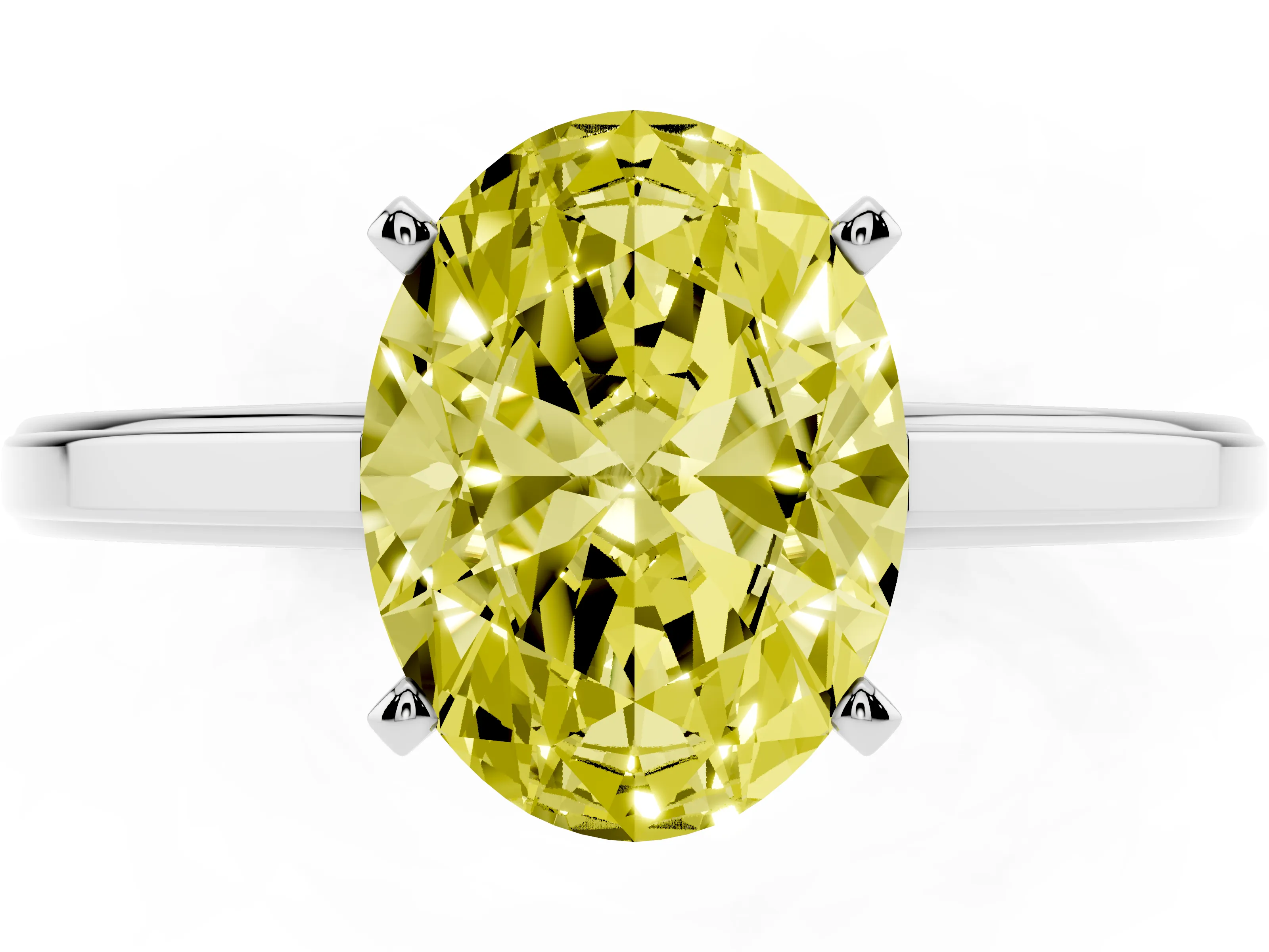 Fancy Yellow Oval Cut Diamond Solitaire Ring Set in Platinum with Prong Setting and Classic Band