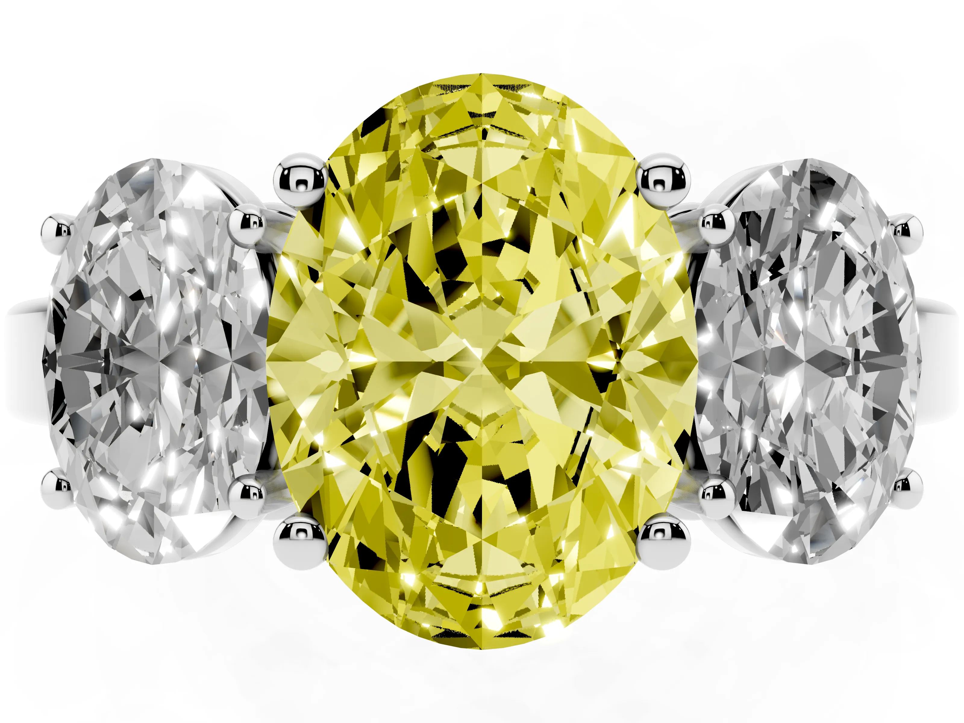 Fancy Yellow Oval Cut Diamond Three-Stone Engagement Ring Set in White gold with Flat Band