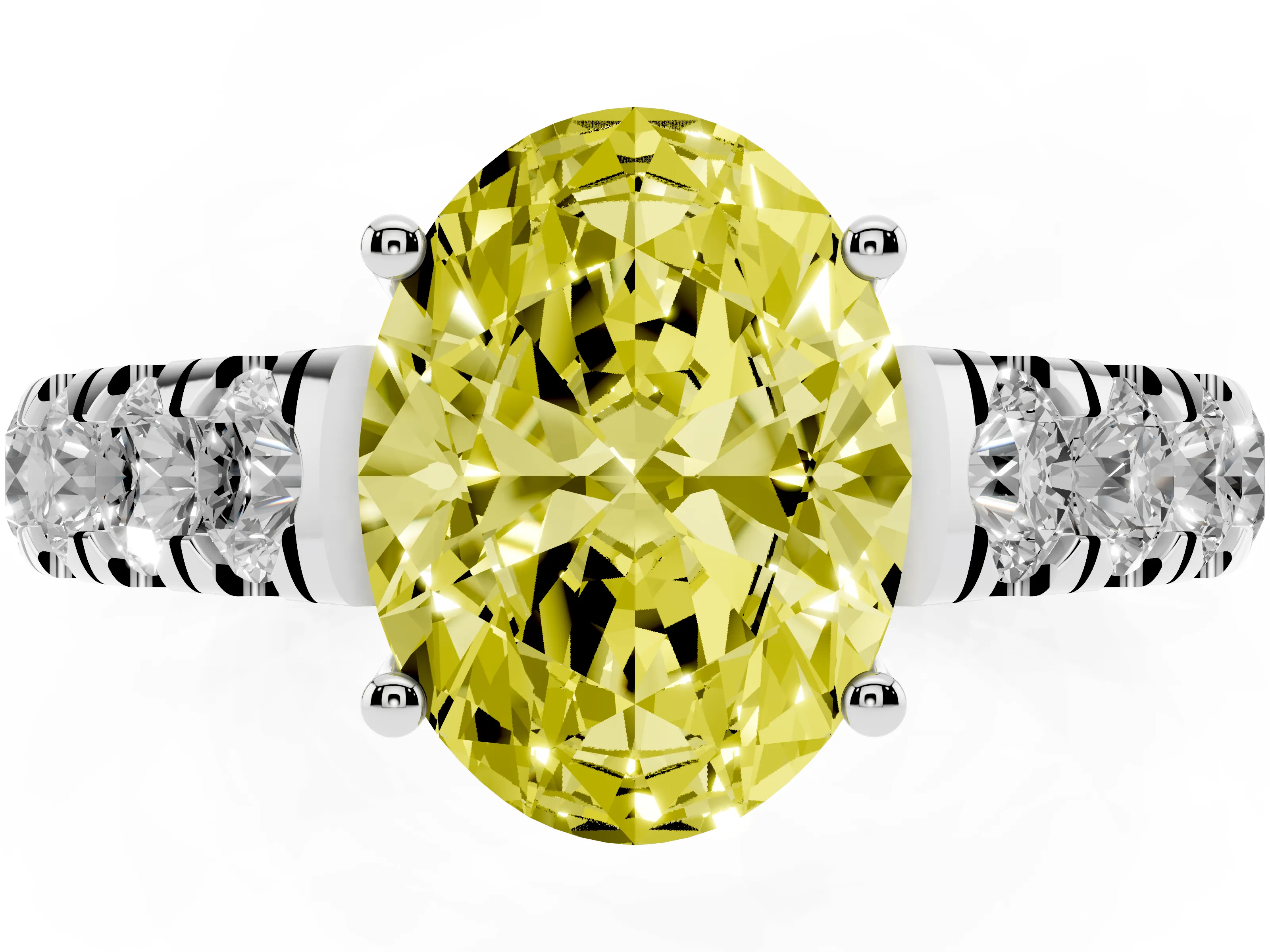 Fancy Yellow Oval Cut Diamond Solitaire Ring Set in Platinum with Cut-Down Micro Pavé Band and Prong Setting