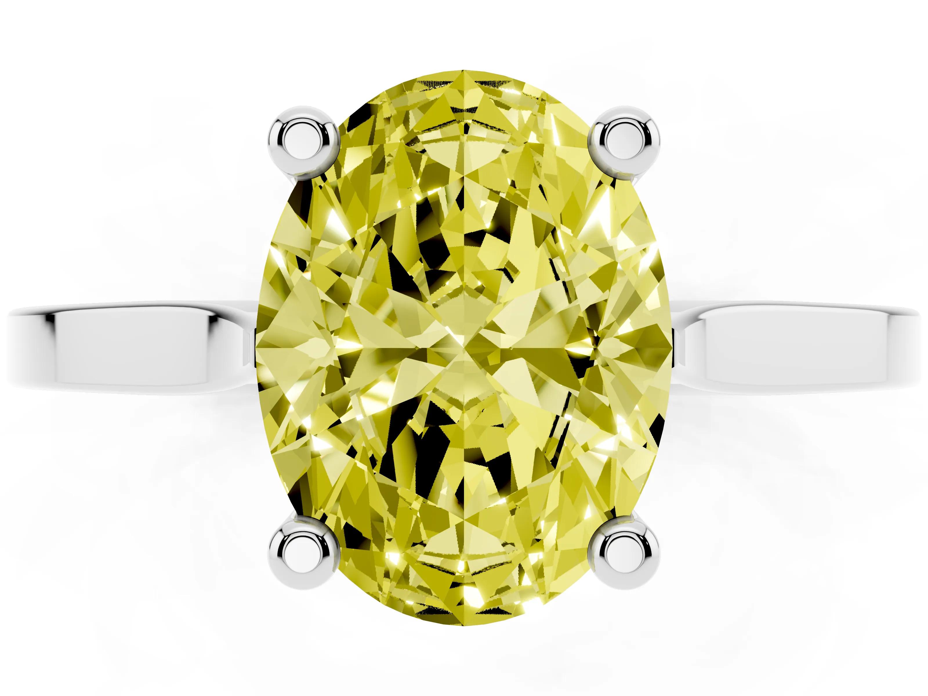 Fancy Yellow Oval Cut Diamond Solitaire Ring Set in Platinum with Prong Setting and Tapered Band