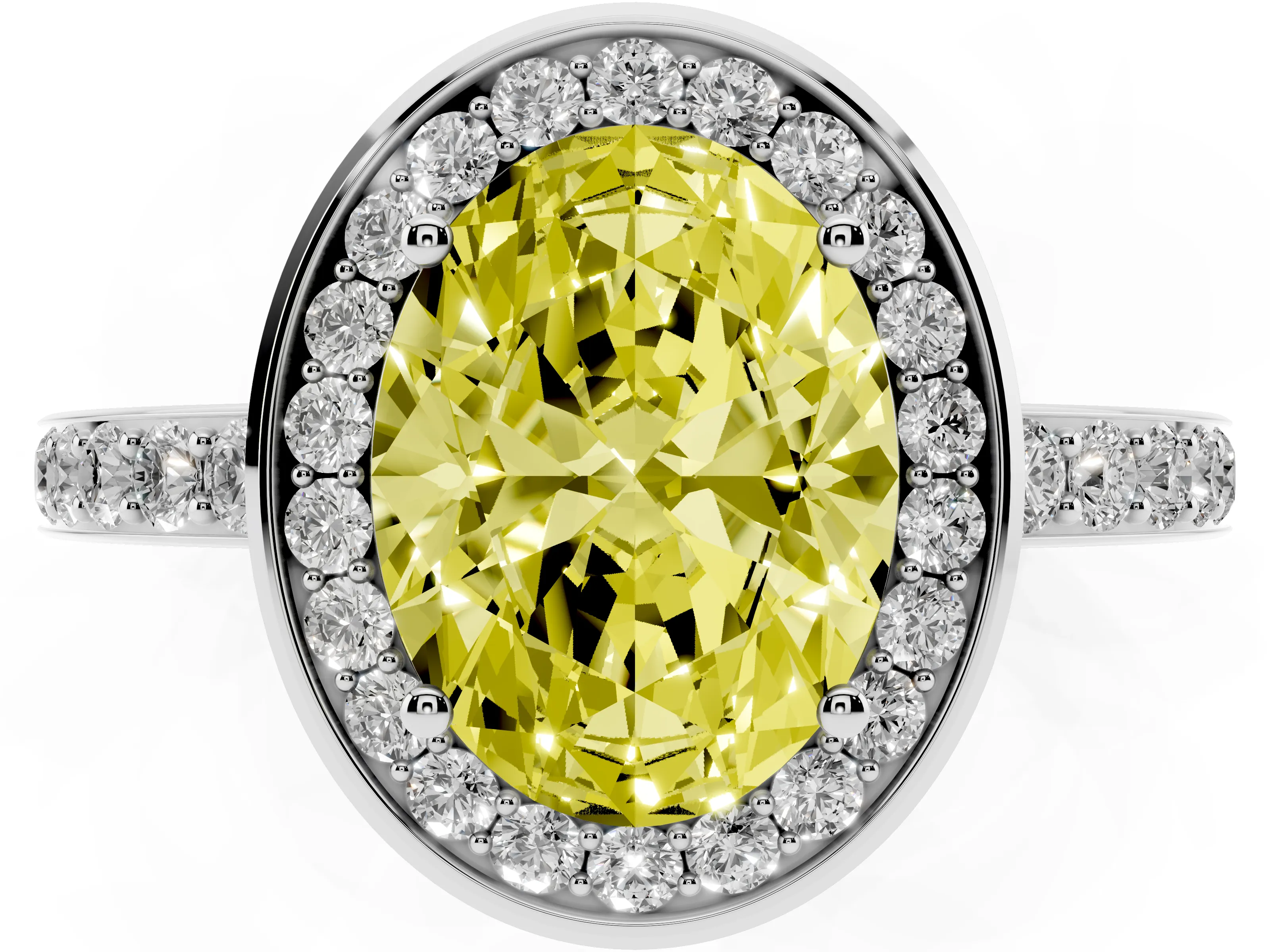 Fancy Yellow Oval Cut Diamond Halo Ring Set in White gold with Bezel Frame and Pavé Band