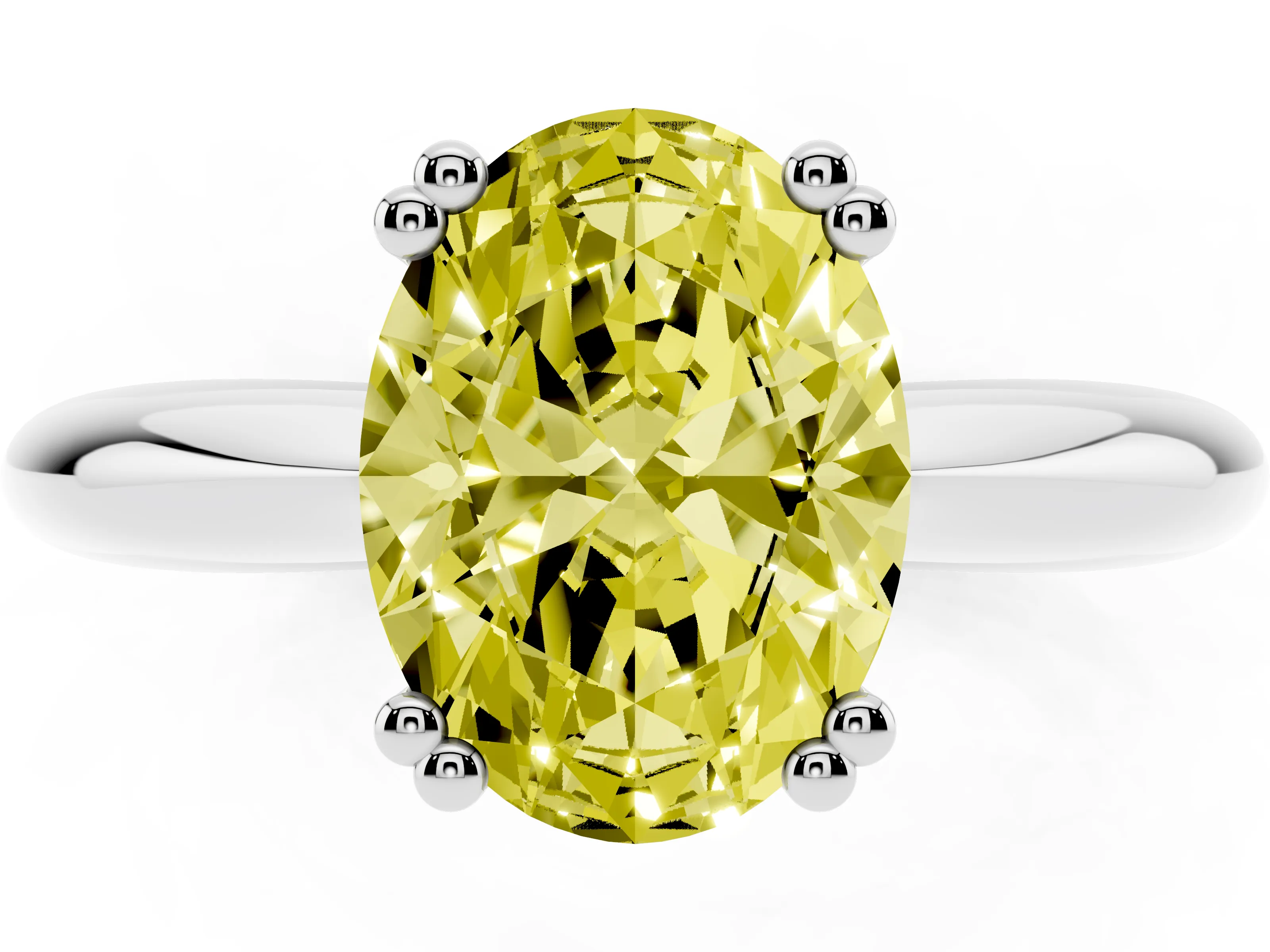 Fancy Yellow Oval Cut Diamond Solitaire Engagement Ring Set in White gold with Tapered Band and Prong Setting
