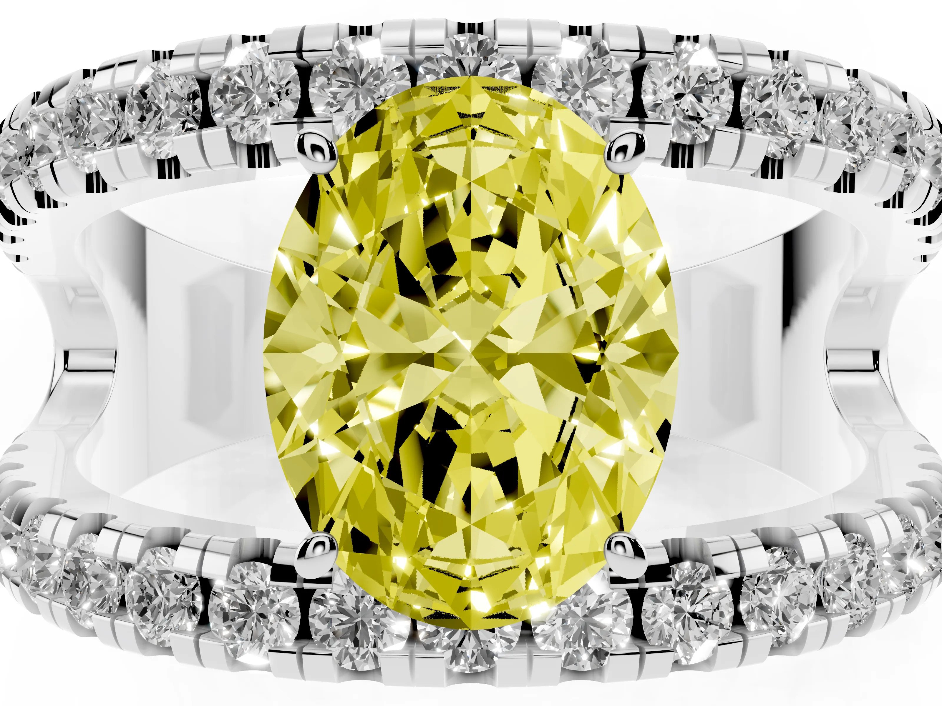 Fancy Yellow Oval Cut Diamond Split Shank Pavé Solitaire Ring Set in Platinum with Open Shank Design